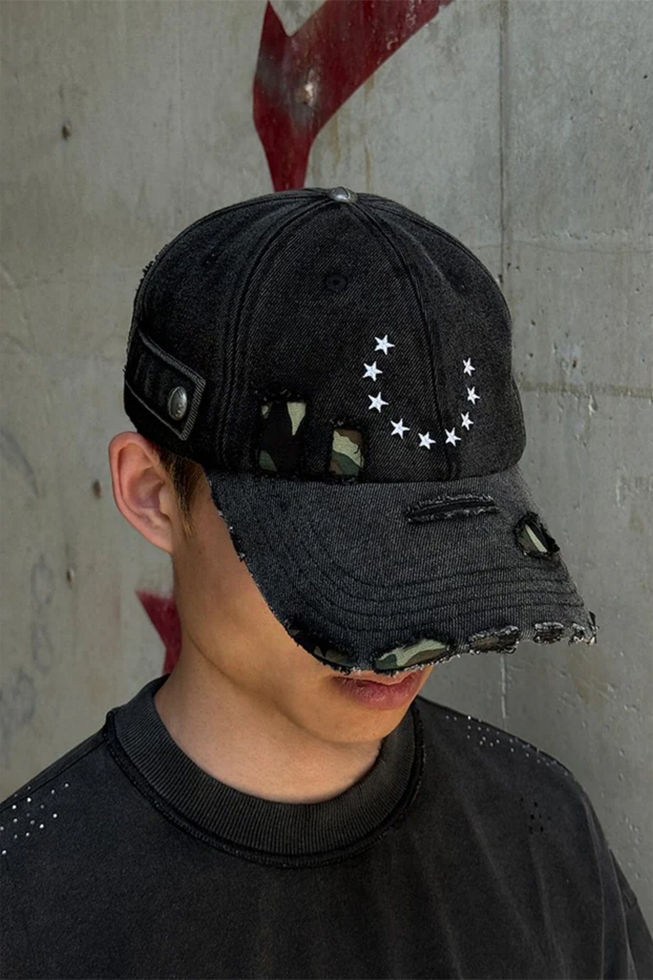 TECNINEGROUP Camo Distressed Panel Star Embroidered Cap, premium urban and streetwear designers apparel on PROJECTISR.com, TECNINEGROUP
