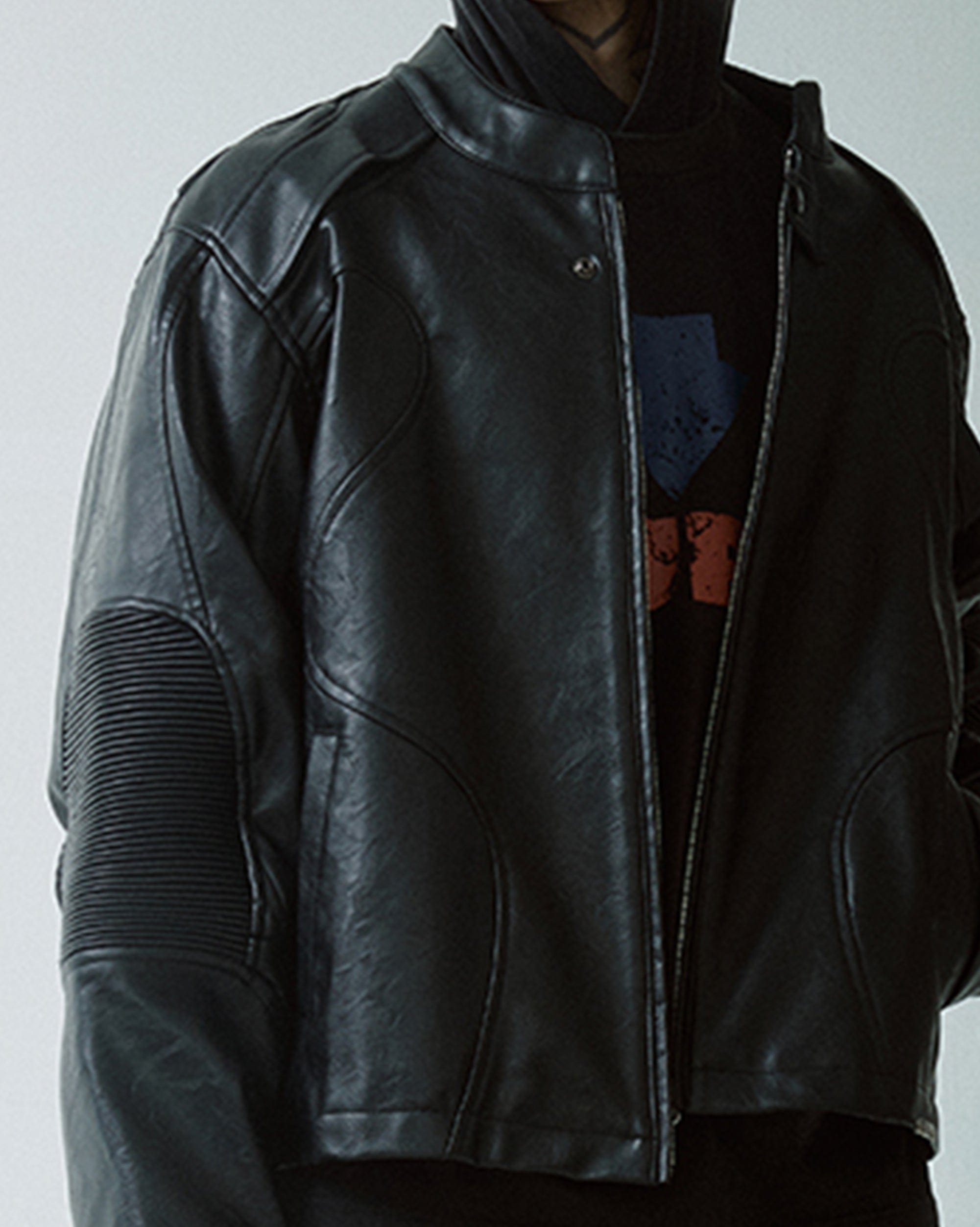 F2CE Modern Deconstructed Faux Leather Biker Jacket Black, premium urban and streetwear designers apparel on PROJECTISR.com, F2CE