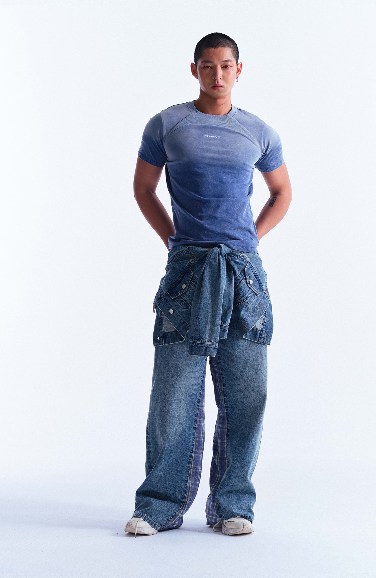 INTERRUPT Plaid Spliced Faux Two-Piece Wide-Leg Jeans