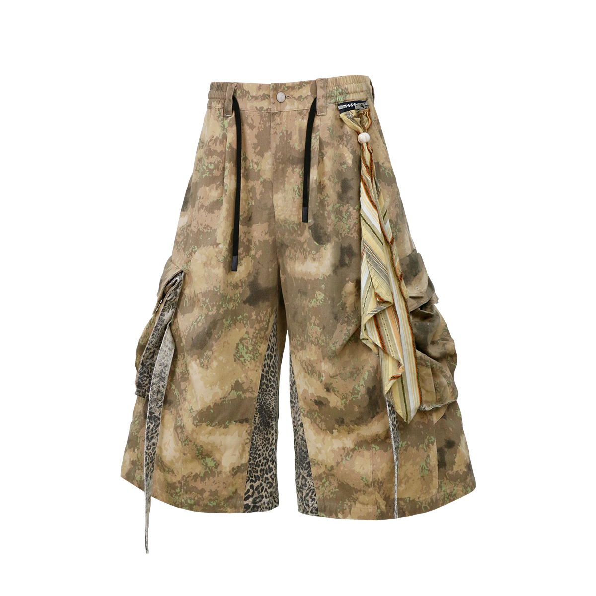 RELABEL Detachable Scarf Camo Leopard Panel Oversized Shorts, premium urban and streetwear designers apparel on PROJECTISR.com, RELABEL