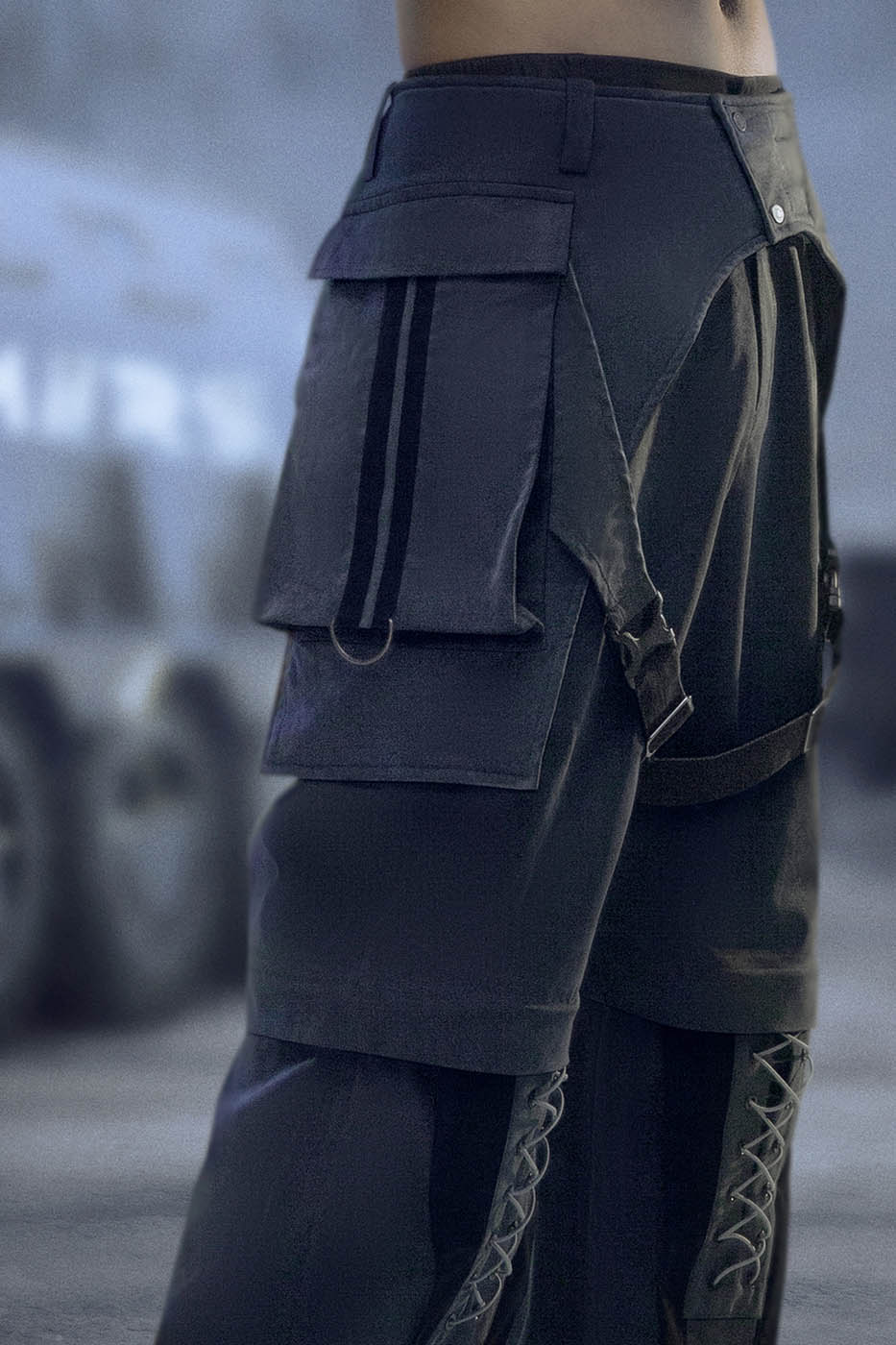 XIPHEVIL Detachable Lace-Up Multi-Pocket Bondage Pants, premium urban and streetwear designers apparel on PROJECTISR.com, XIPHEVIL