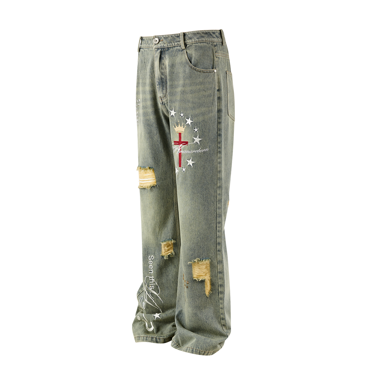 PASET Retro Washed Distressed Embroidered Jeans