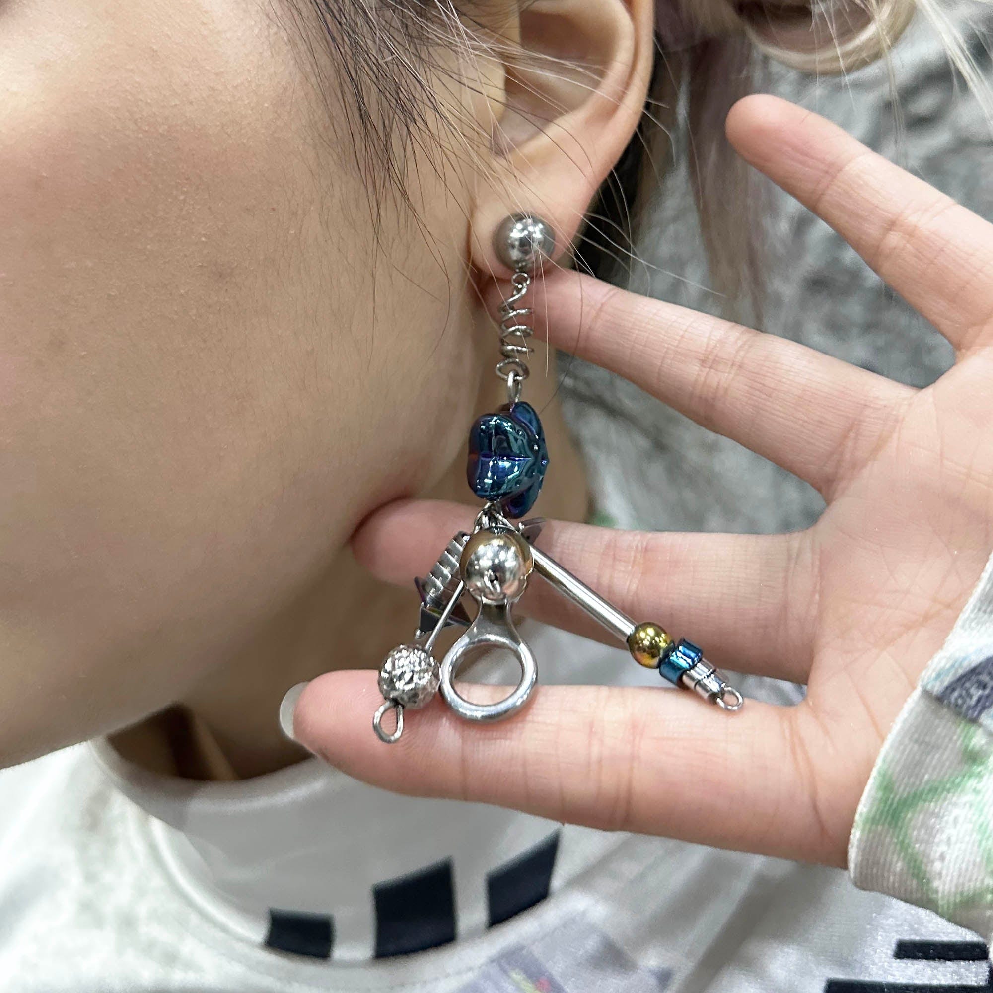 ILLUSORY Space Odyssey Industrial Drop Earrings/ Ear Clip Blue, premium urban and streetwear designers apparel on PROJECTISR.com, ILLUSORY