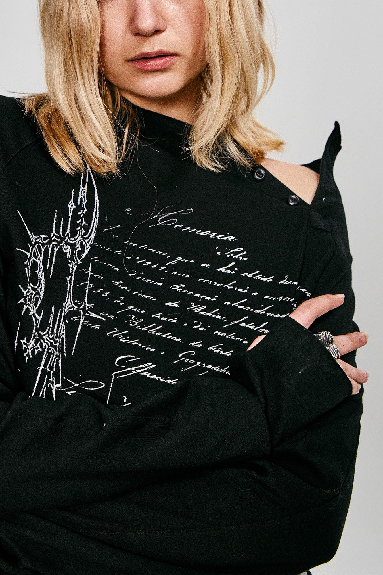 FLYERRER Gothic Script Graphic Asymmetrical Button Long-Sleeve Tee, premium urban and streetwear designers apparel on PROJECTISR.com, FLYERRER