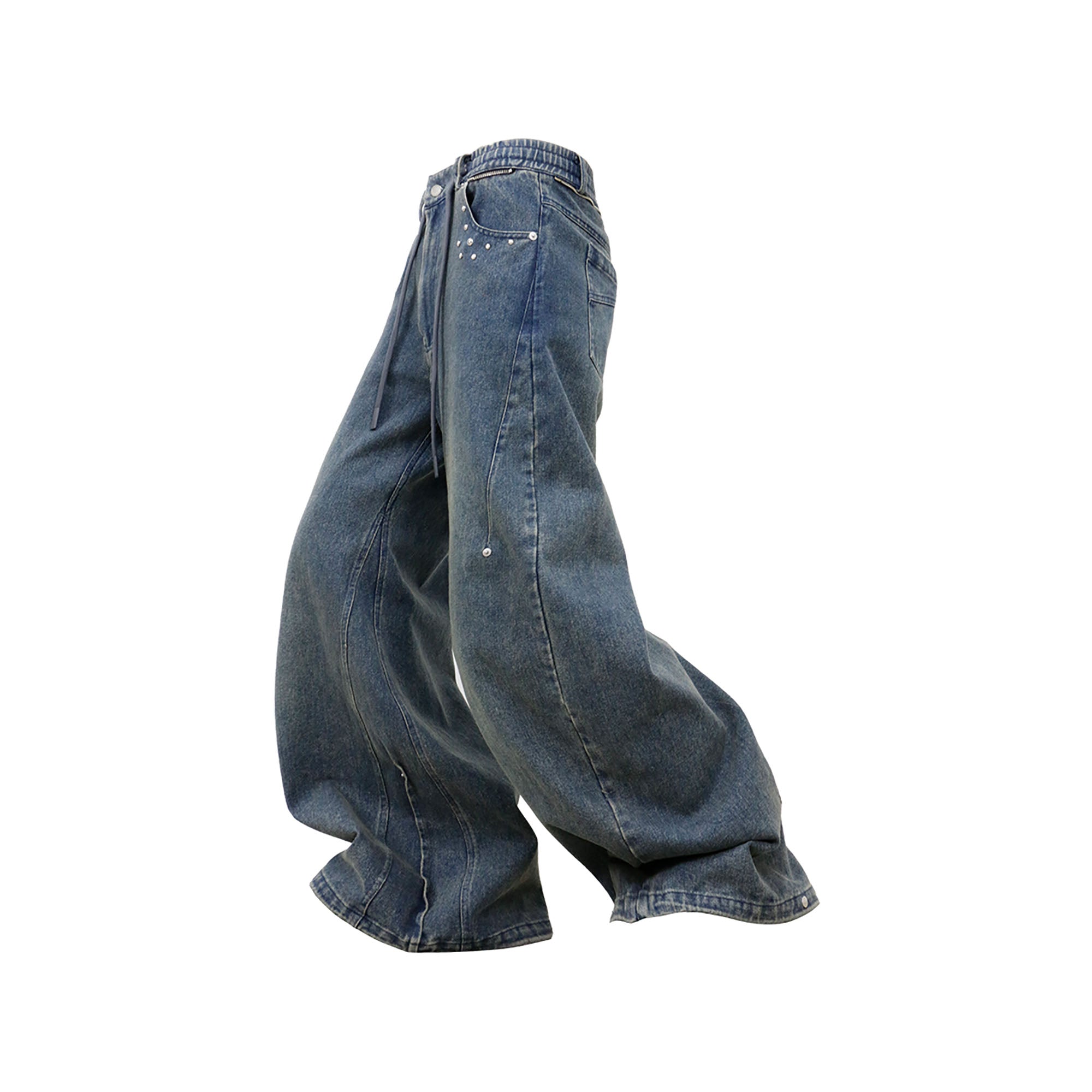 RELABEL Washed Studded Panel Oversized Jeans Blue, premium urban and streetwear designers apparel on PROJECTISR.com, RELABEL