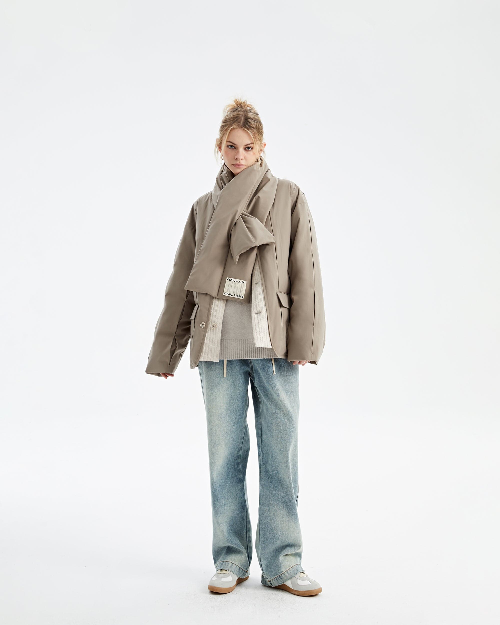 ORGANIC EMOTION Spliced Waterproof Duck Down Scarf Jacket, premium urban and streetwear designers apparel on PROJECTISR.com, ORGANIC EMOTION