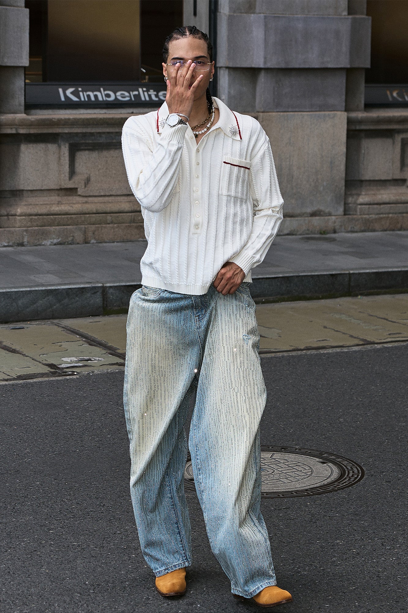STEEPC Washed Rhinestone Embellished Baggy Jeans