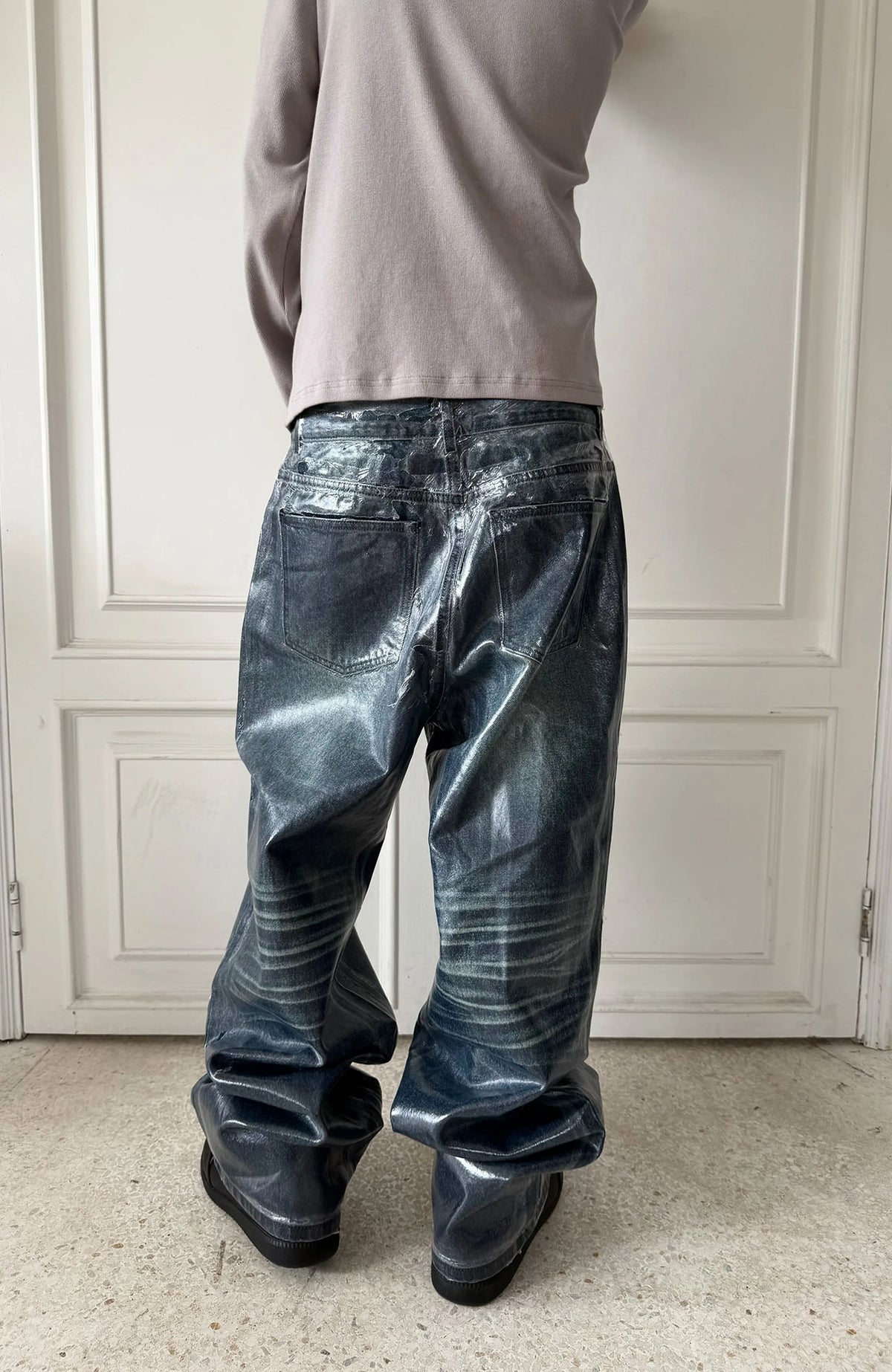 REBEL WAVE Frayed Raw-Edge Wax-Coated Flared Jeans