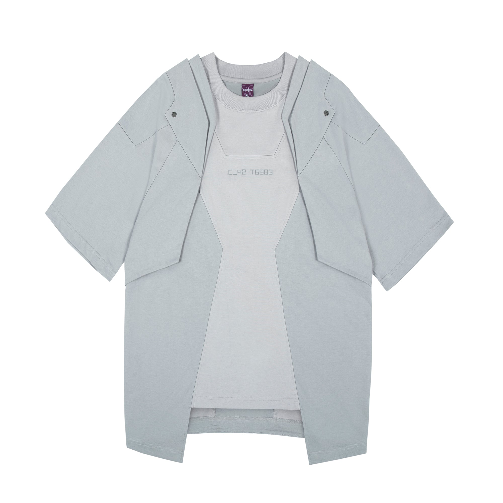 XIPHEVIL Deep Zone Deconstructed Armor Rivet T-Shirt Light Grey, premium urban and streetwear designers apparel on PROJECTISR.com, XIPHEVIL