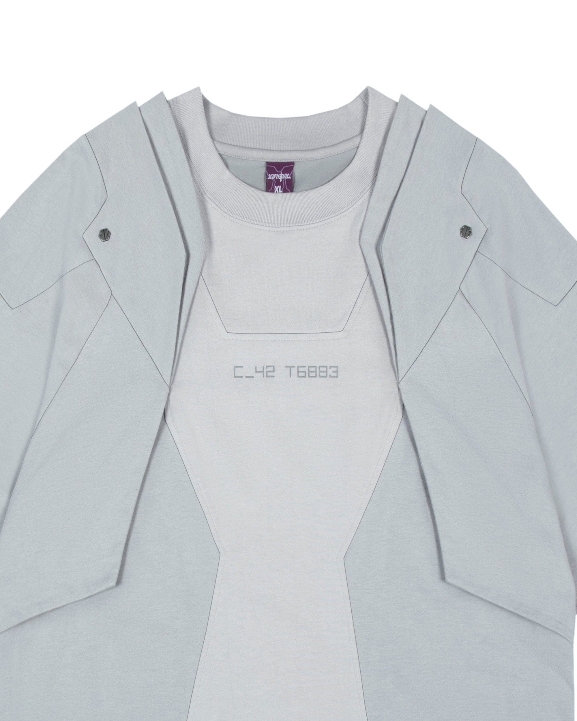 XIPHEVIL Deep Zone Deconstructed Armor Rivet T-Shirt Light Grey, premium urban and streetwear designers apparel on PROJECTISR.com, XIPHEVIL