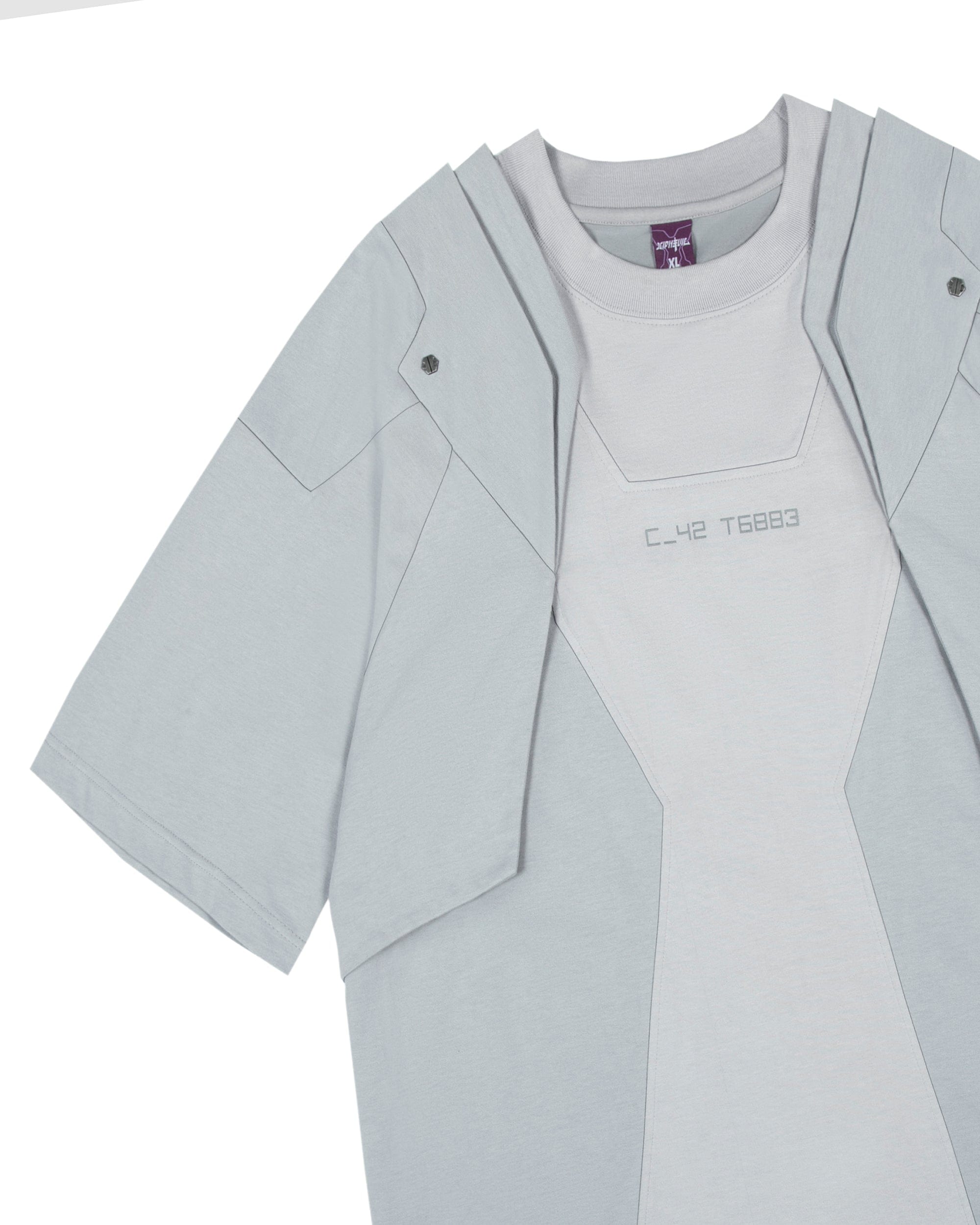 XIPHEVIL Deep Zone Deconstructed Armor Rivet T-Shirt Light Grey, premium urban and streetwear designers apparel on PROJECTISR.com, XIPHEVIL