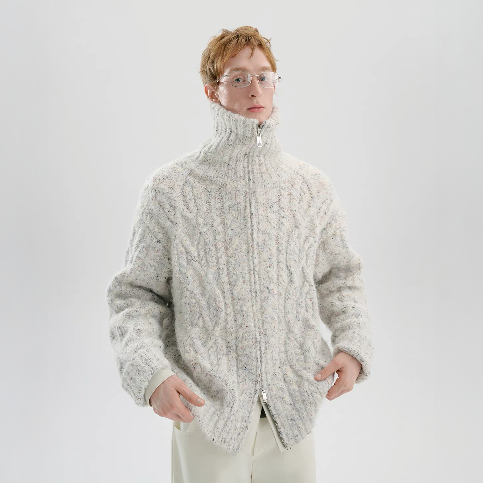 TIWILLTANG Dual-Zipper Cable Knit Funnel Sweater