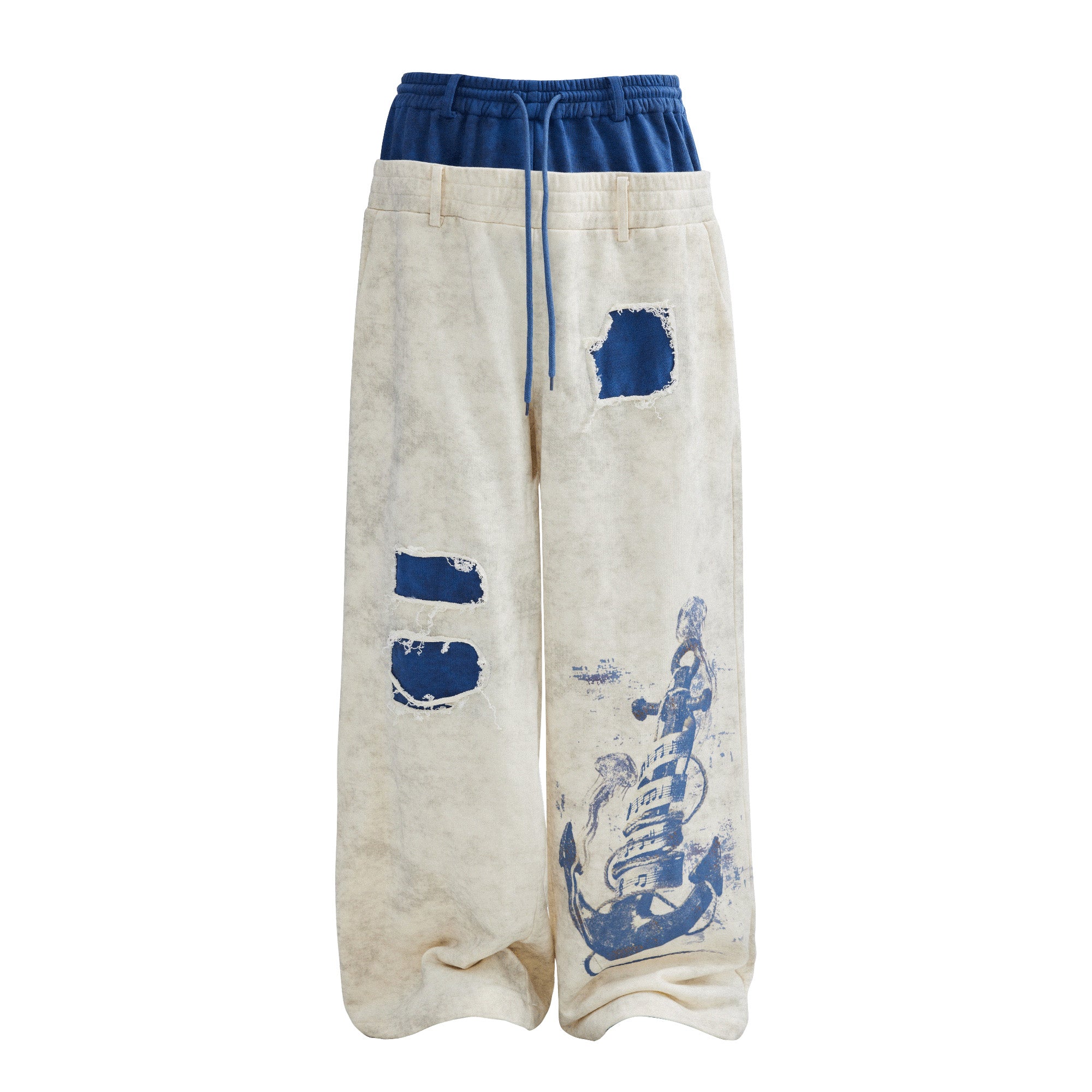 OIPWORD Distressed Ship Graphic Double-Waist Pants
