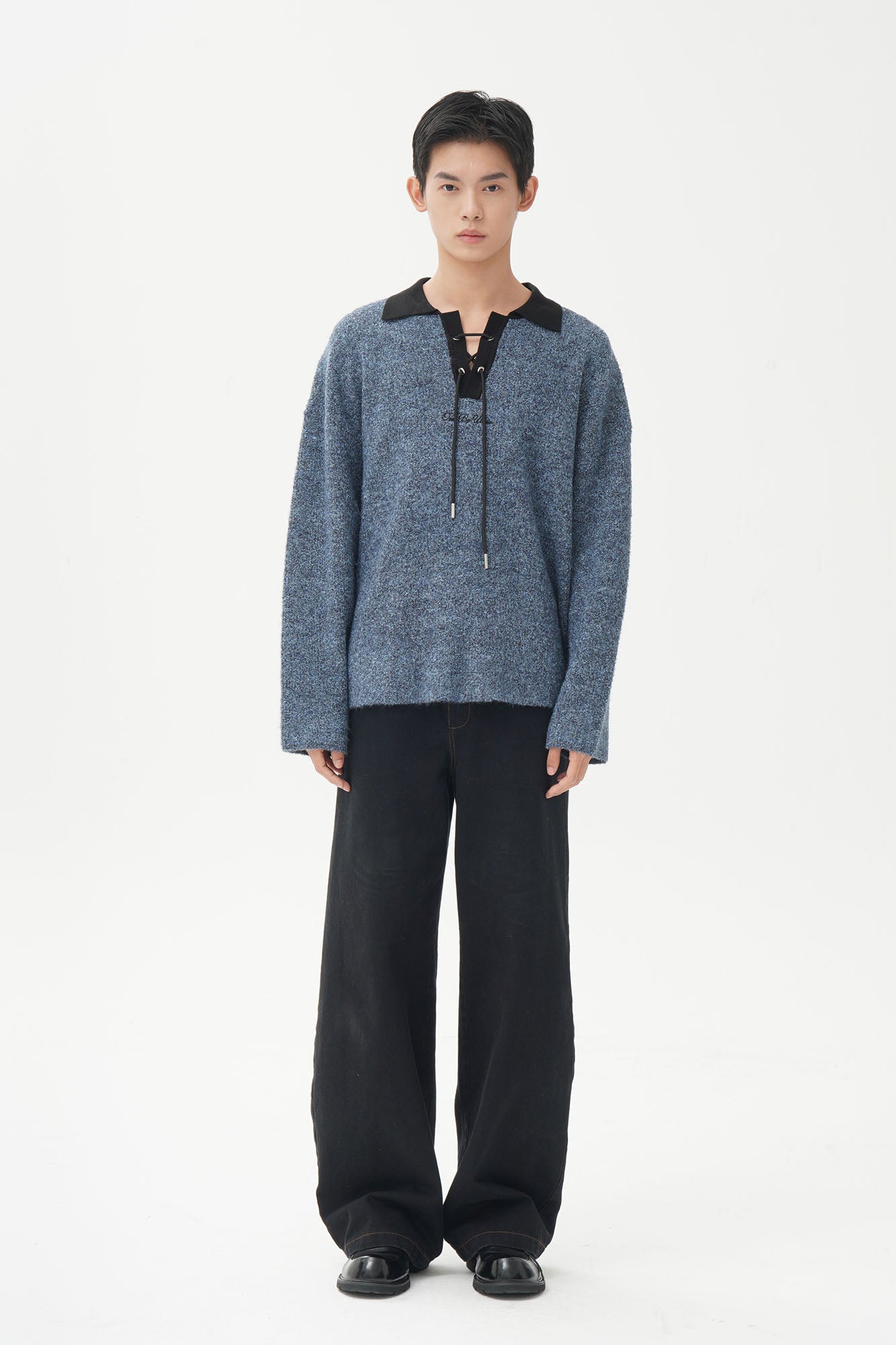 ORAL UTOPIA Lace-Up Polo Collar Knit Pullover
