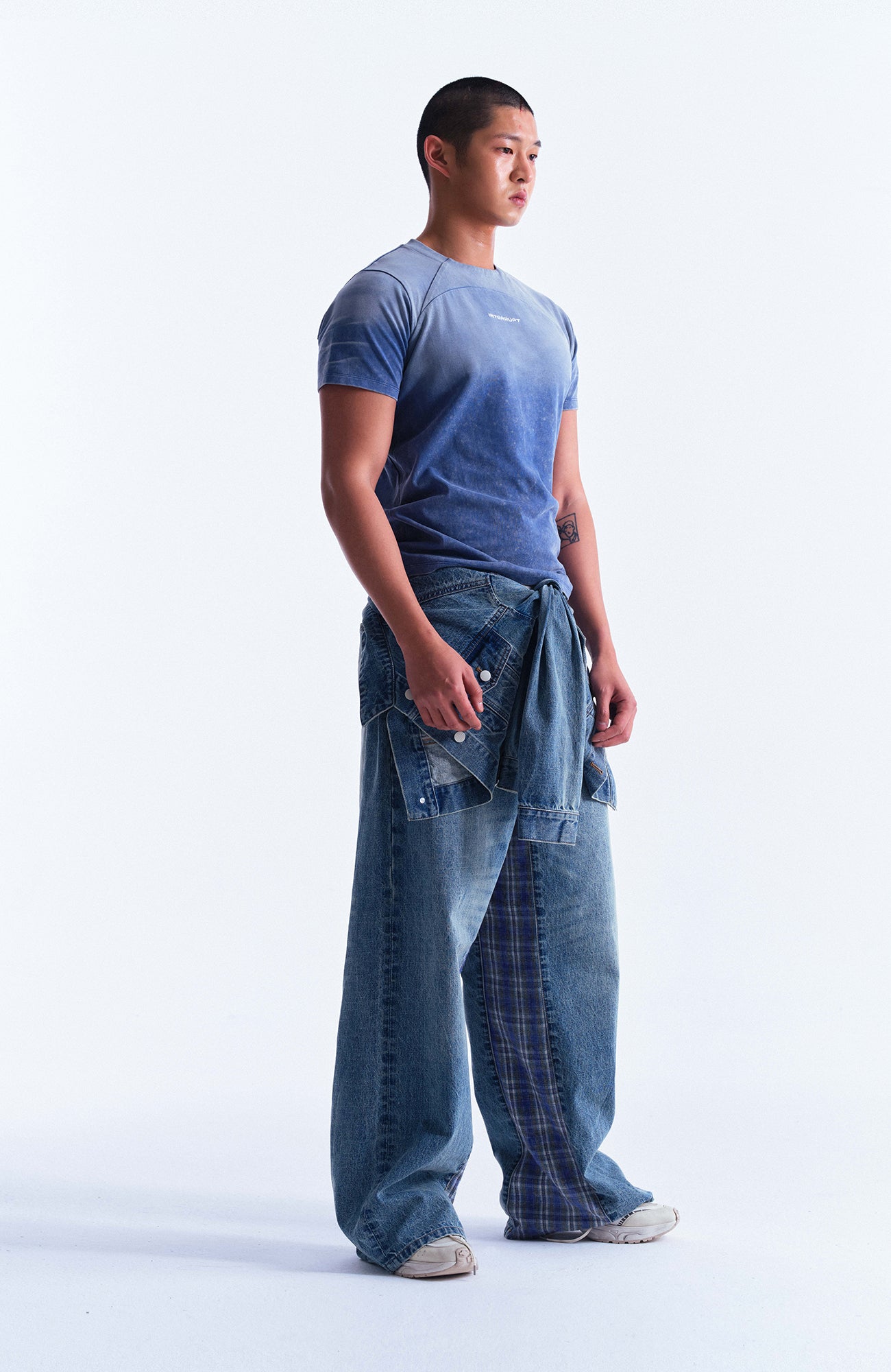 INTERRUPT Plaid Spliced Faux Two-Piece Wide-Leg Jeans