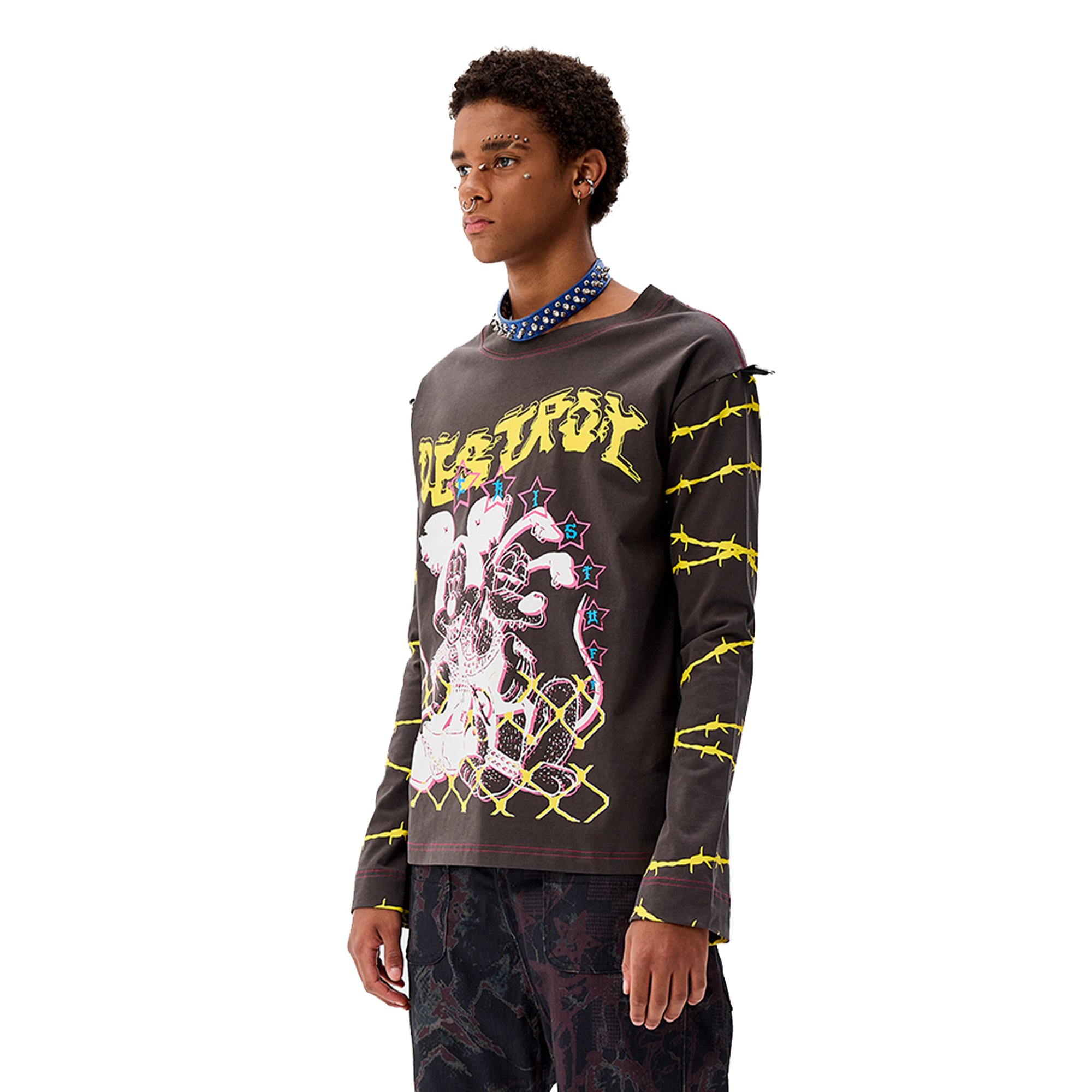 CYCYCY Punk Cartoon Mouse Graphic Long-Sleeve Tee