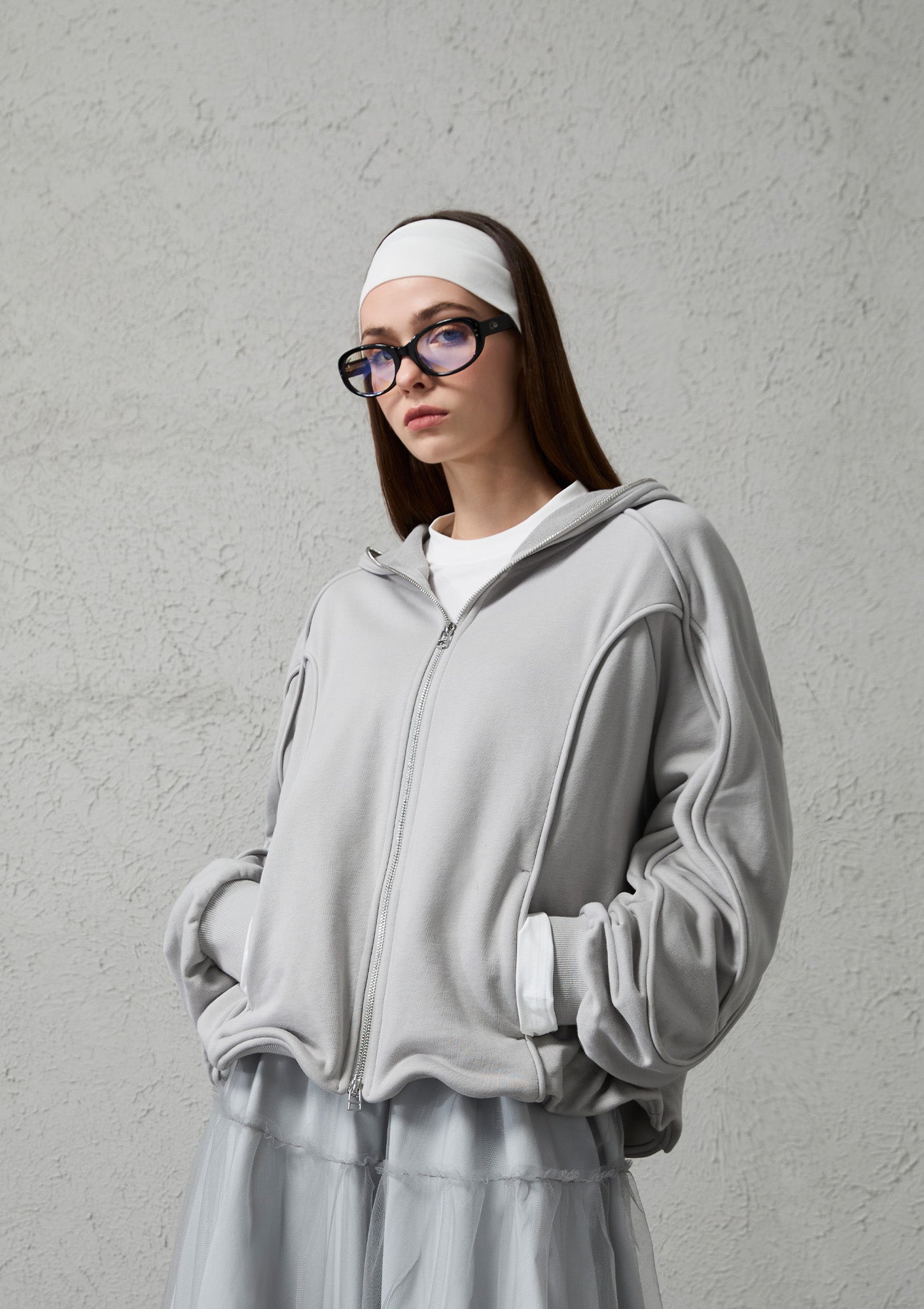 ORGANIC EMOTION Curved Panel Drawstring-Hem Zip-Up Hoodie, premium urban and streetwear designers apparel on PROJECTISR.com, ORGANIC EMOTION