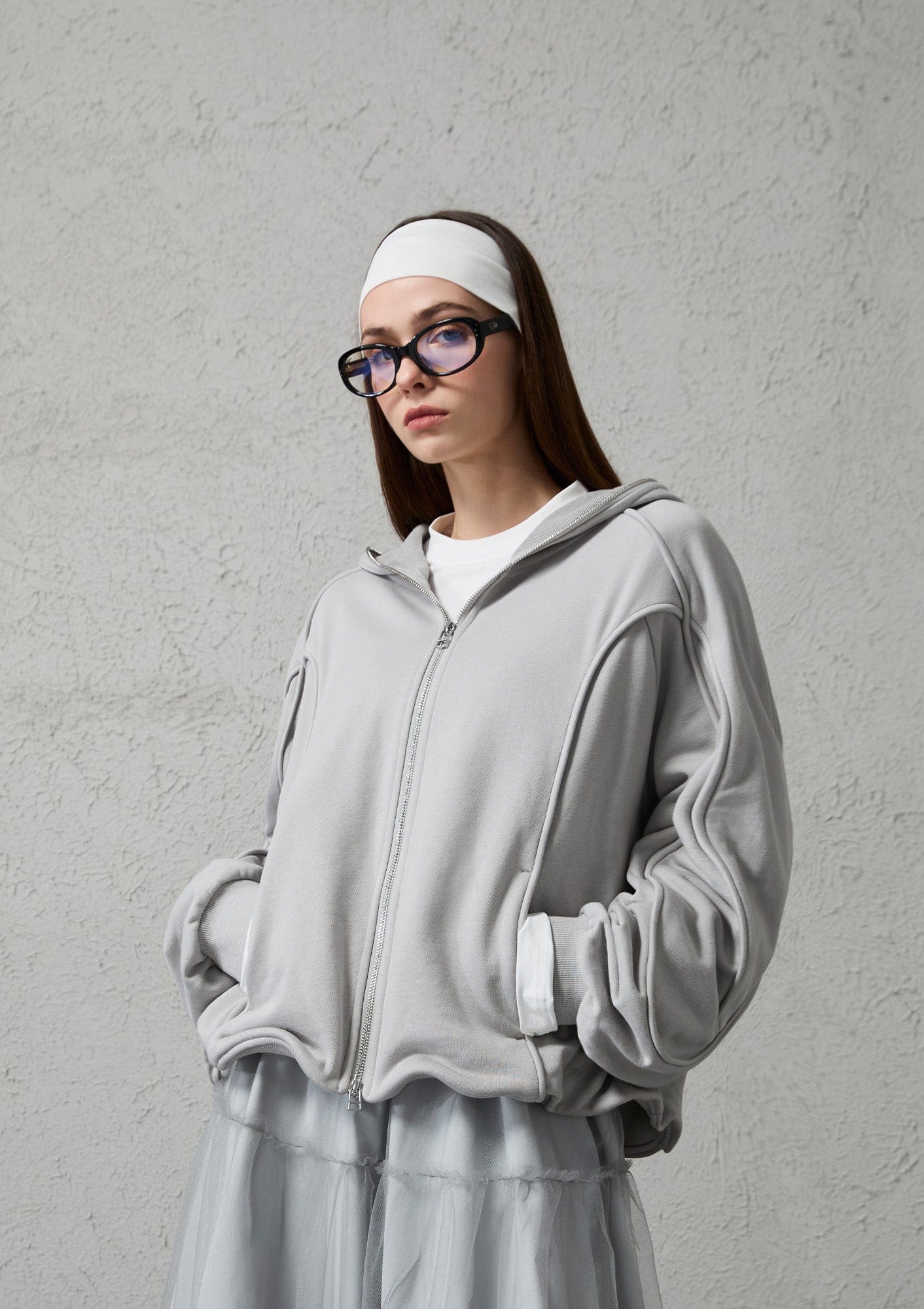 ORGANIC EMOTION Curved Panel Drawstring-Hem Zip-Up Hoodie, premium urban and streetwear designers apparel on PROJECTISR.com, ORGANIC EMOTION