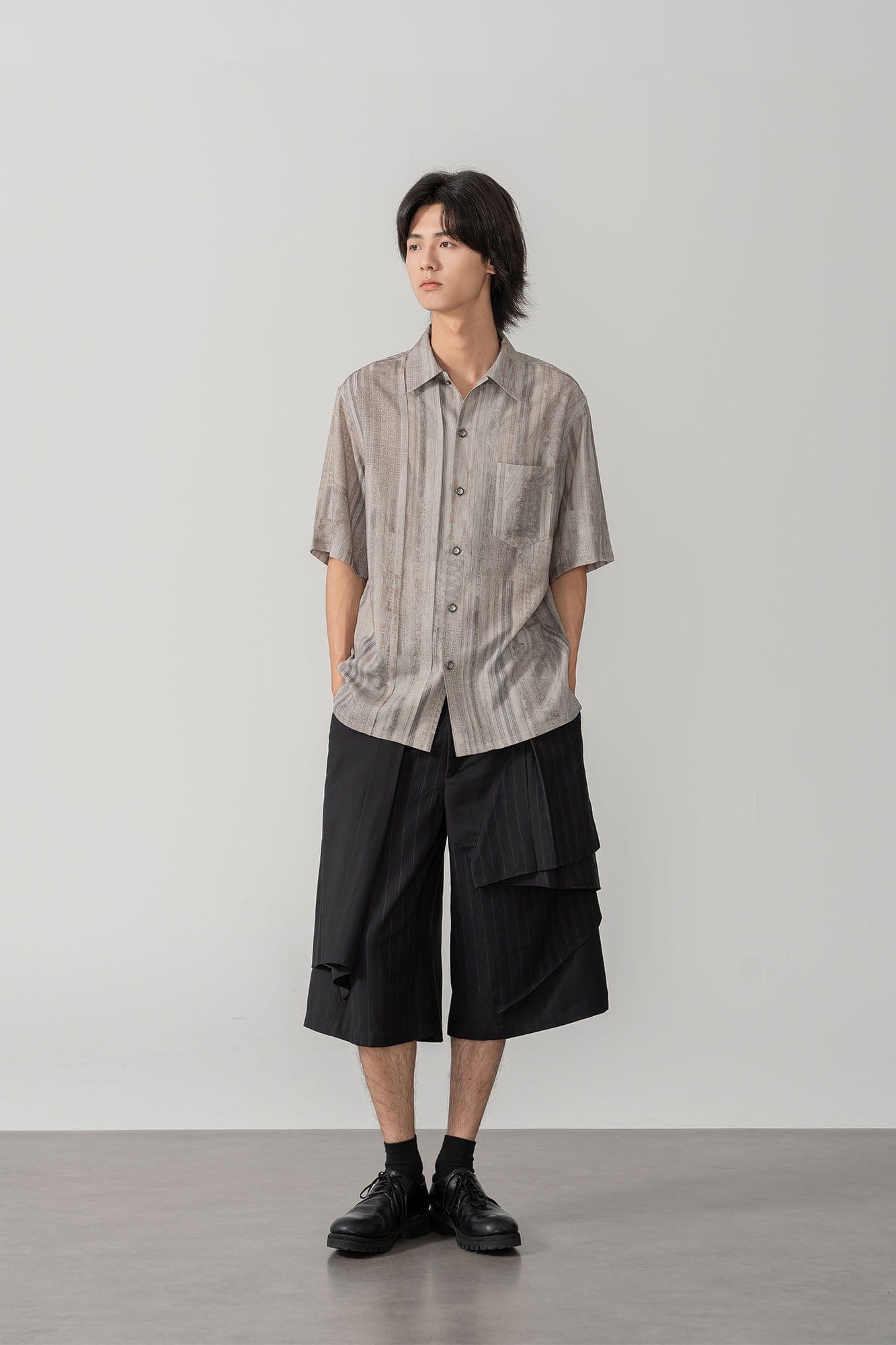 MOITIEDEPETALE Striped Pocket Linen-Blend Half Shirt, premium urban and streetwear designers apparel on PROJECTISR.com, MOITIEDEPETALE