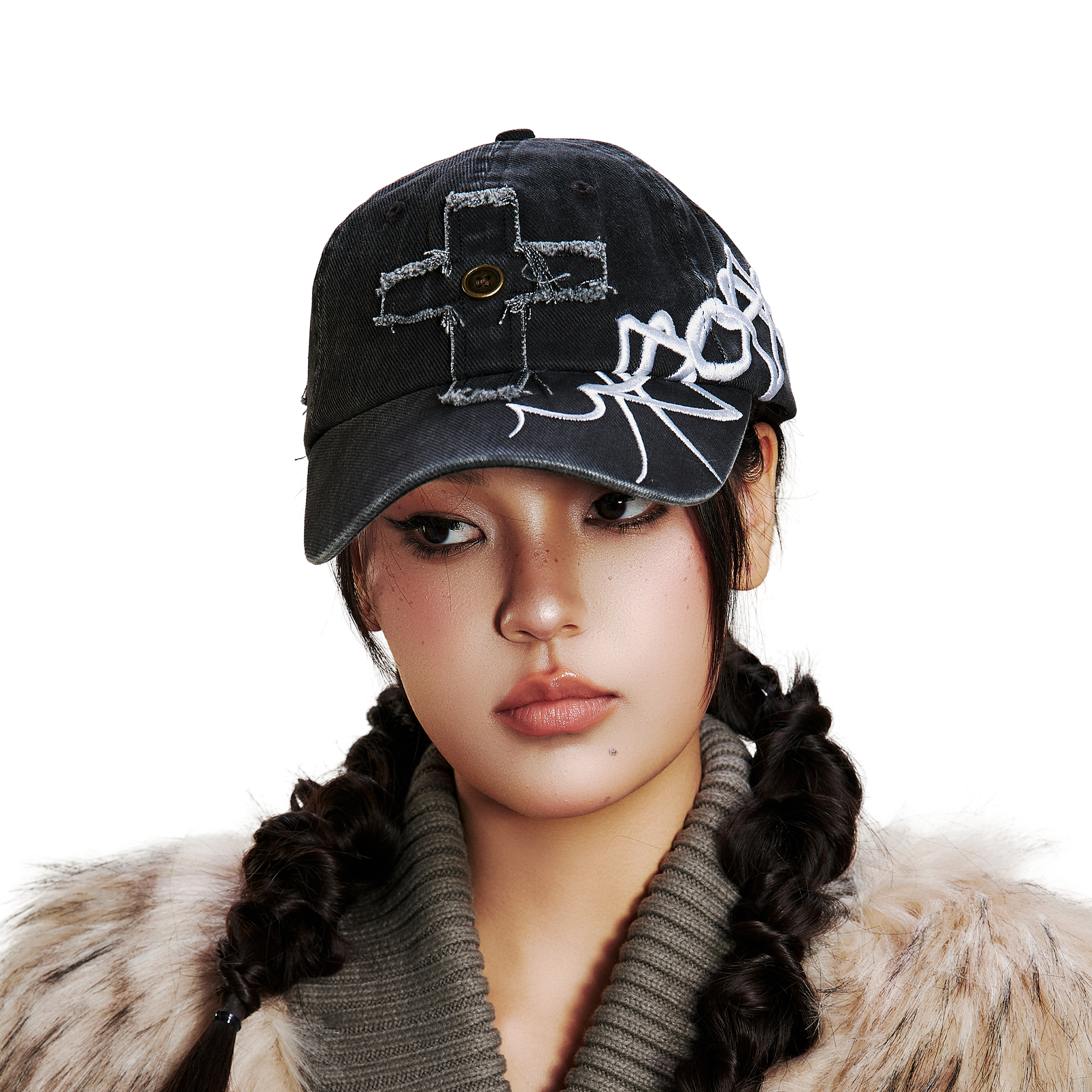 SANB Distressed Cross-Patch Embroidered Denim Cap