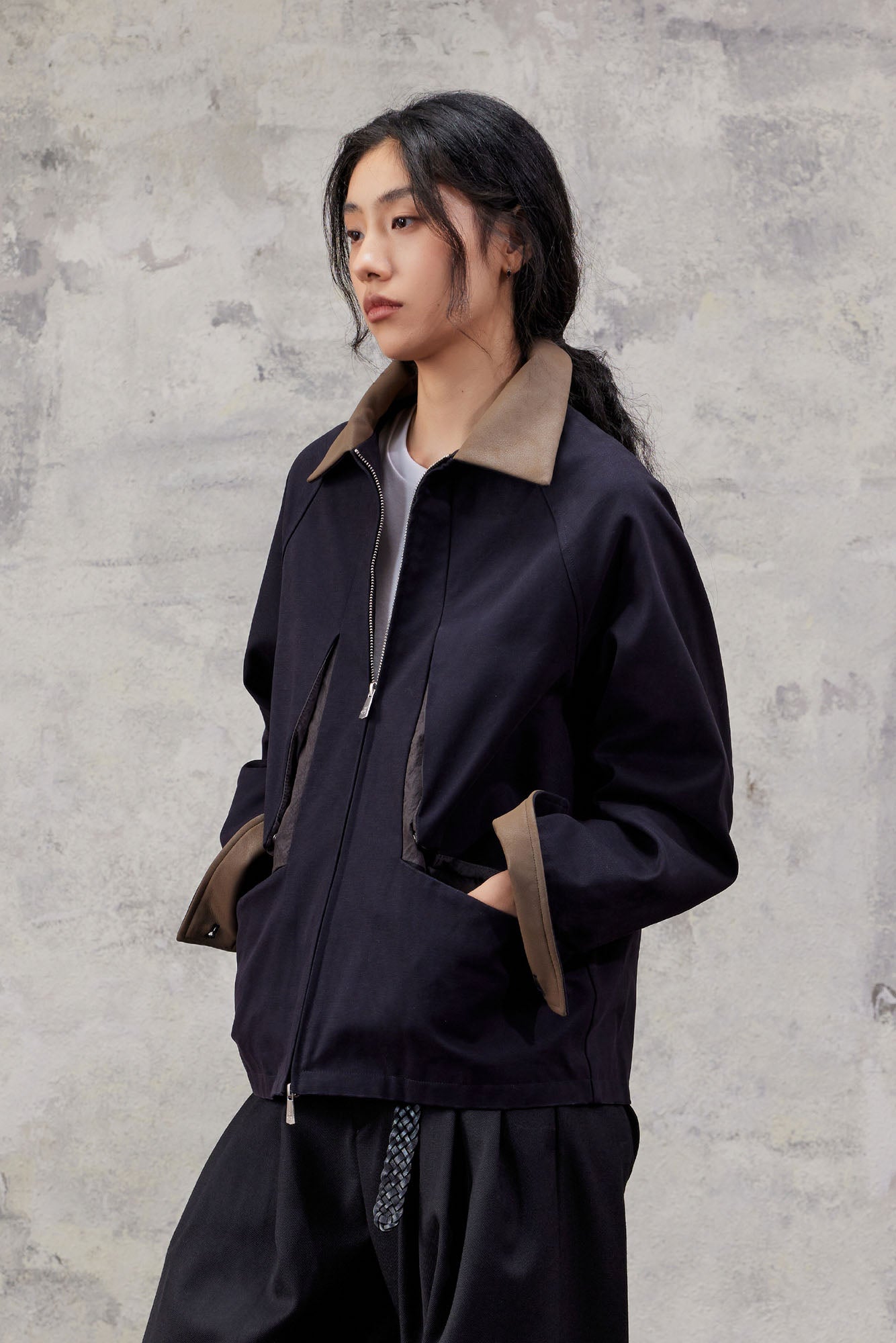 ALVNG AR ANTS Contrast Faux-Leather Collar Jacket, premium urban and streetwear designers apparel on PROJECTISR.com, ALVNG AR ANTS