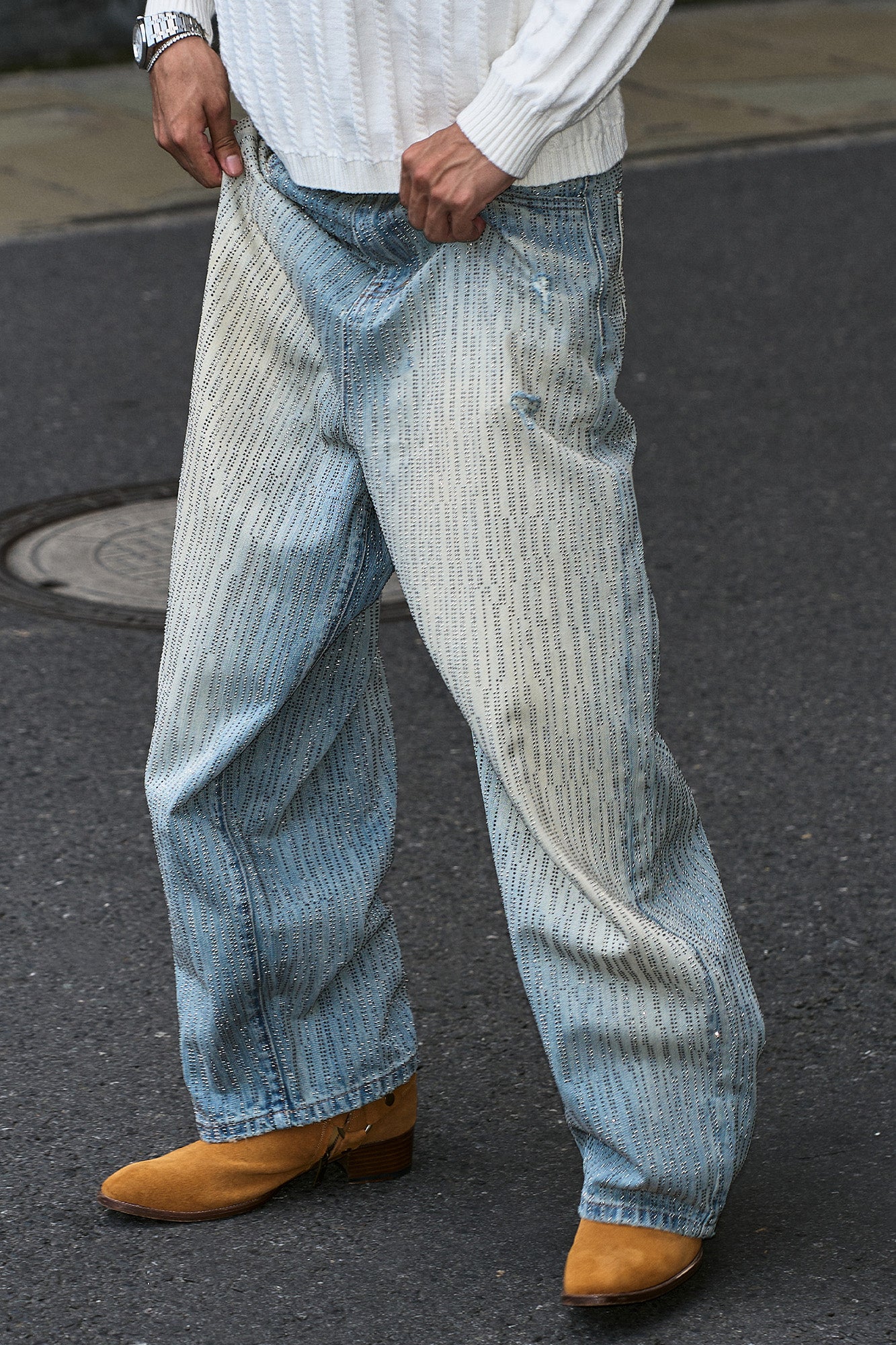 STEEPC Washed Rhinestone Embellished Baggy Jeans