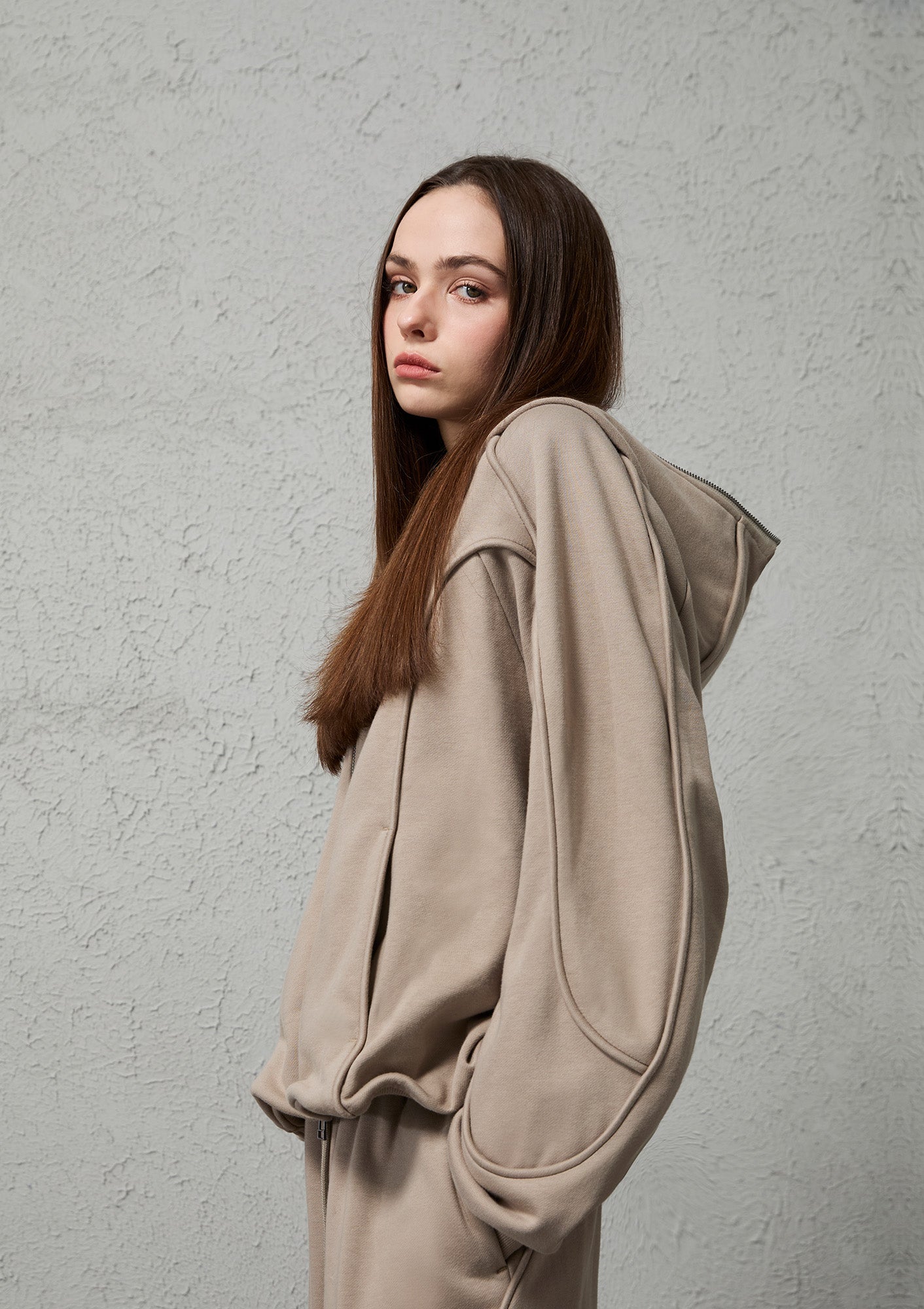ORGANIC EMOTION Curved Panel Drawstring-Hem Zip-Up Hoodie, premium urban and streetwear designers apparel on PROJECTISR.com, ORGANIC EMOTION