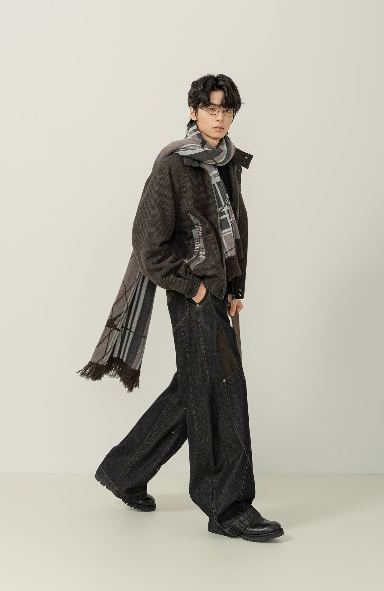 MOITIEDEPETALE Plaid Panels Wool-Blend Jacket