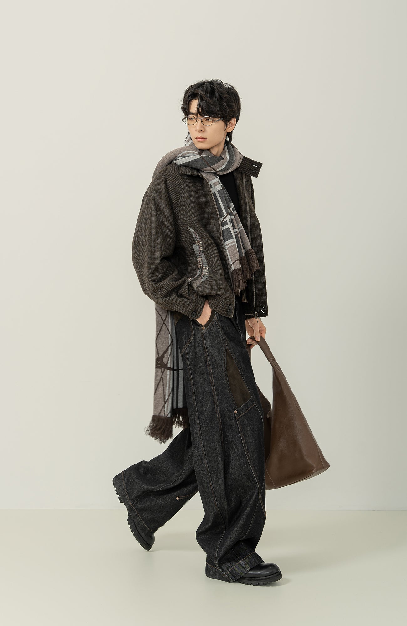 MOITIEDEPETALE Plaid Panels Wool-Blend Jacket