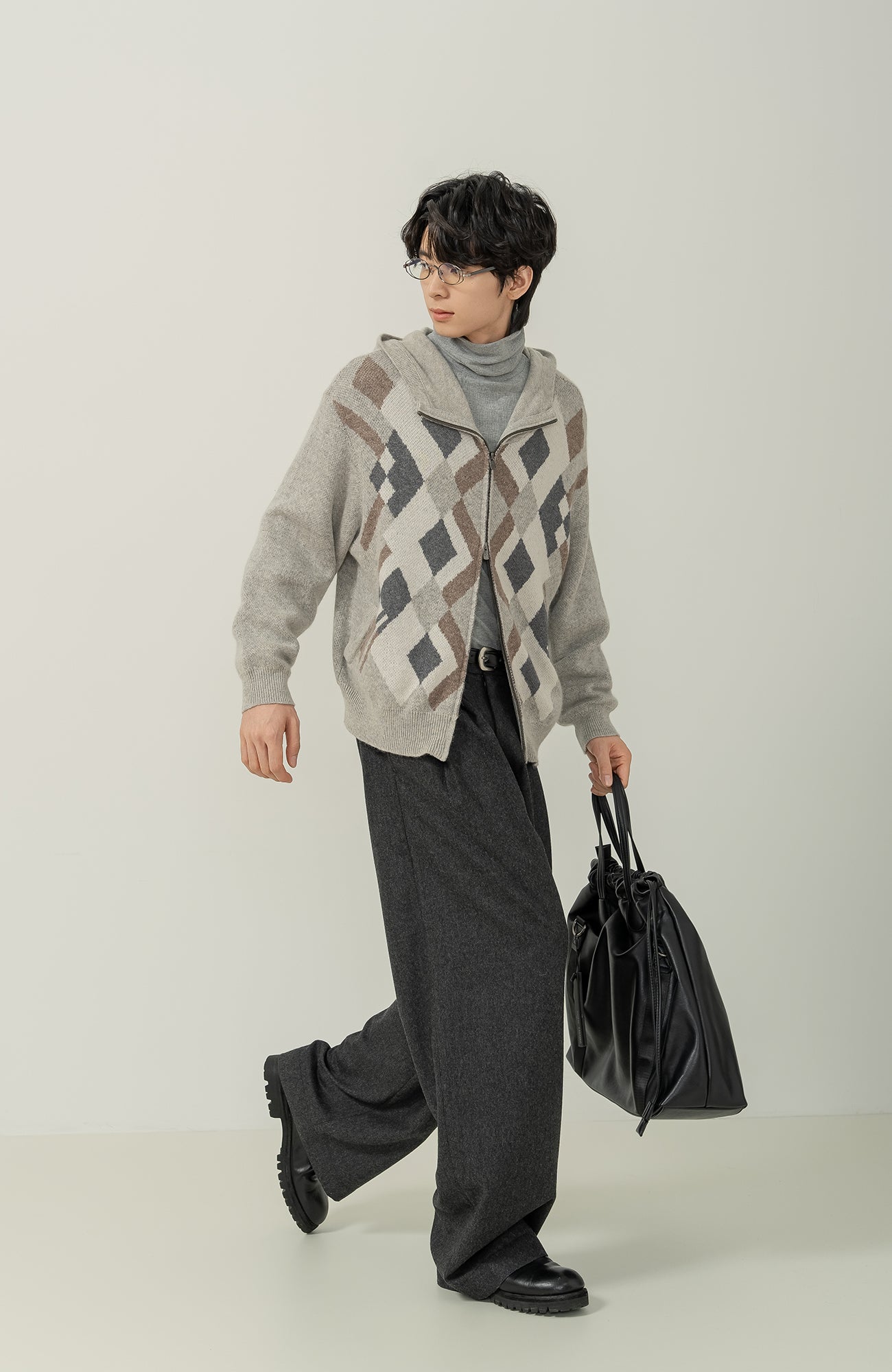 MOITIEDEPETALE Argyle Dual Zip Hooded Cardigan