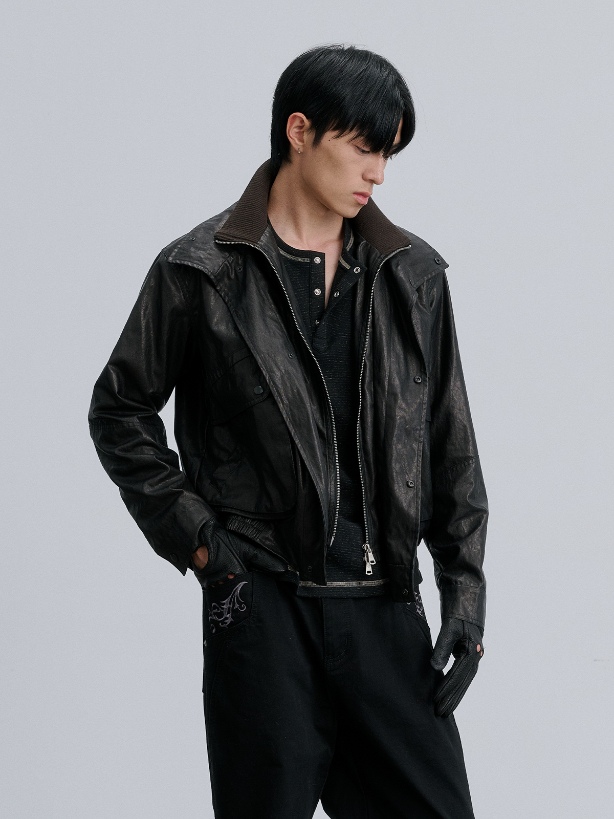 CATSSTAC Retro Spliced Faux Leather Oversized Stand-Collar Jacket