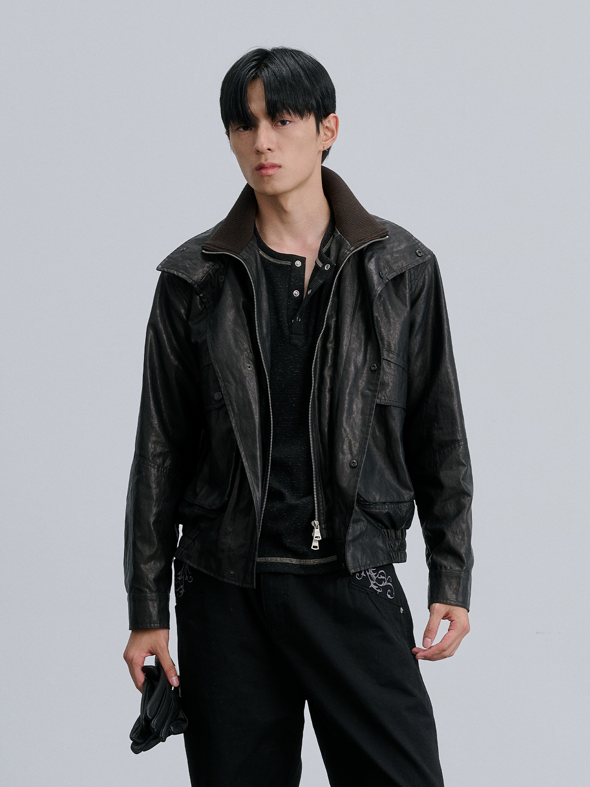 CATSSTAC Retro Spliced Faux Leather Oversized Stand-Collar Jacket