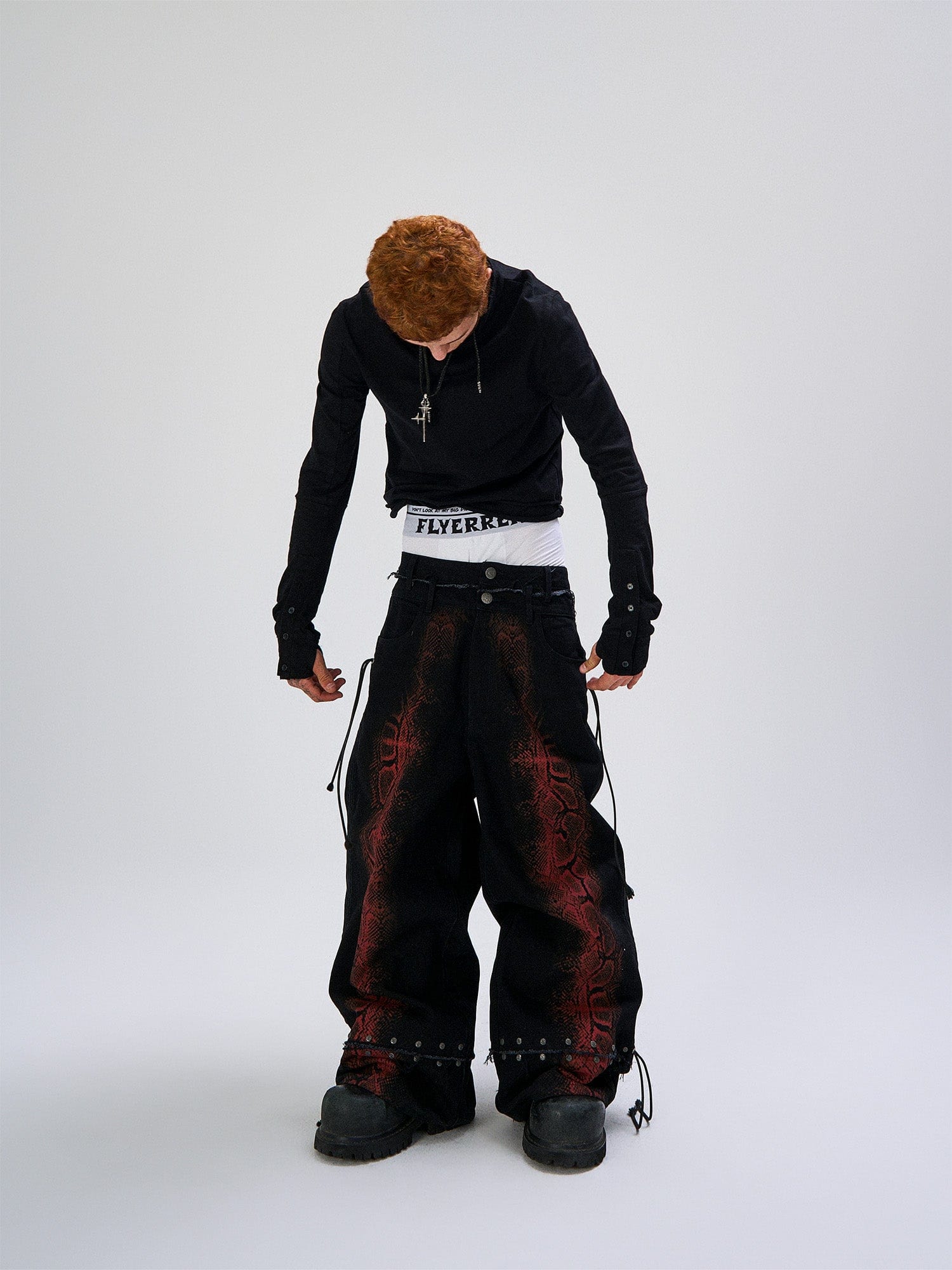 FLYERRER Washed Contrast Snakeskin Drawcord Wide-Leg Jeans, premium urban and streetwear designers apparel on PROJECTISR.com, FLYERRER