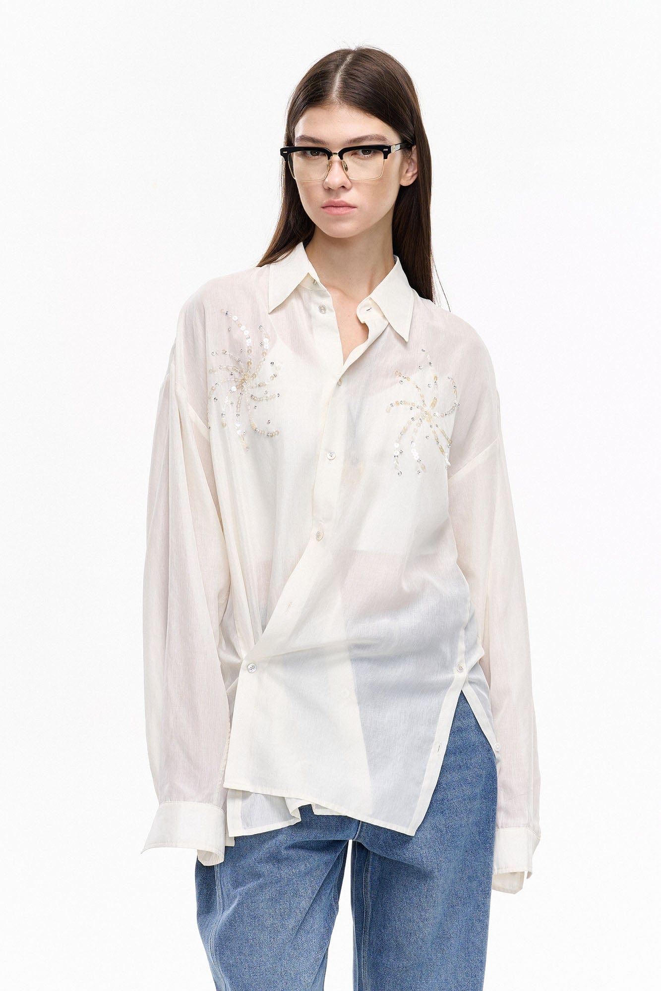 LEONSENSE Firework Embroidered Sequin Sheer Tencel Shirt, premium urban and streetwear designers apparel on PROJECTISR.com, LEONSENSE