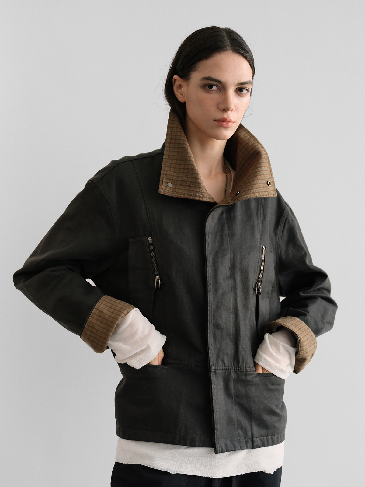 ORGANIC EMOTION Washed Retro Plaid Spliced Lapel Jacket