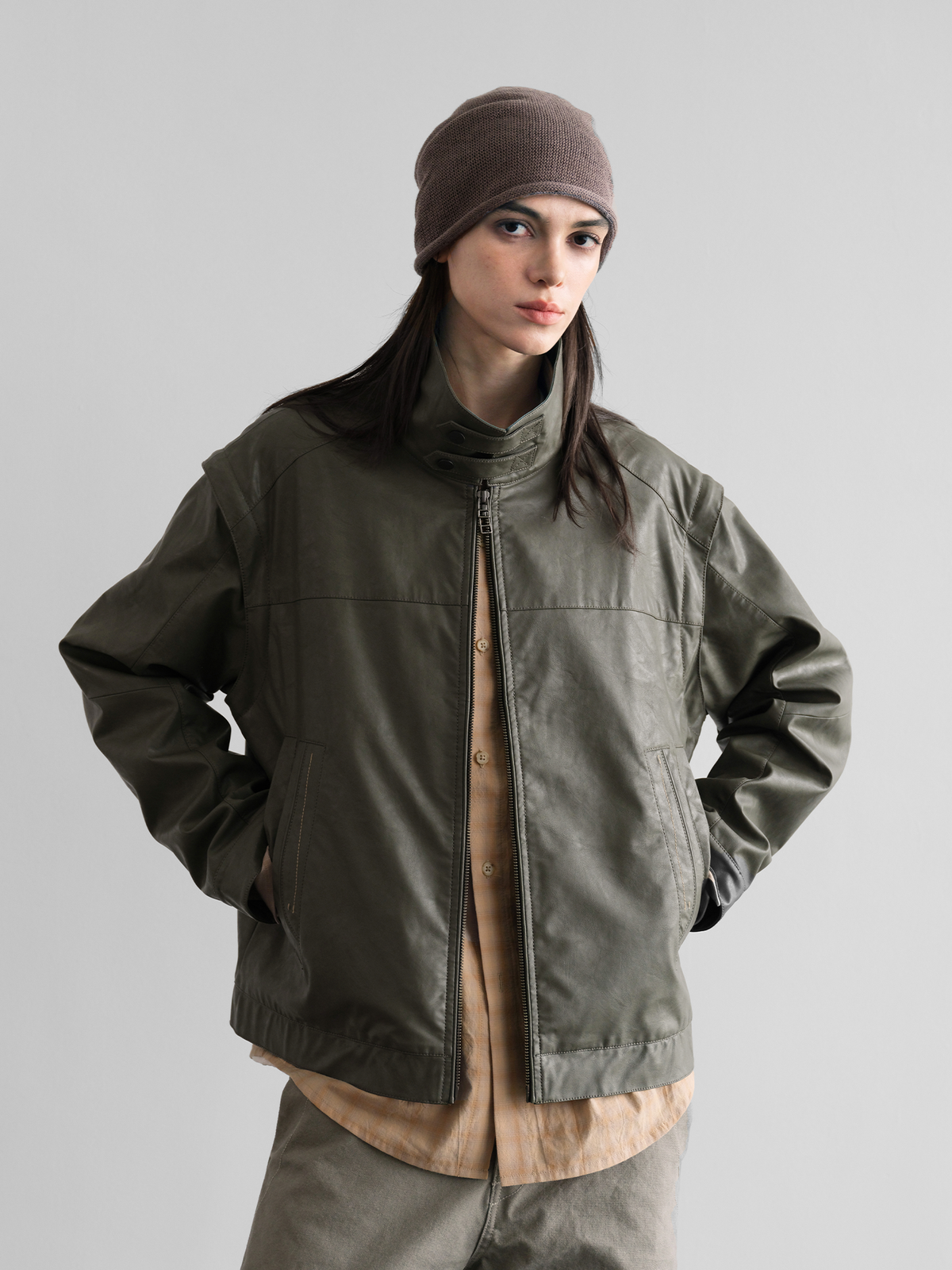 ORGANIC EMOTION Faux Leather Detachable-Sleeve Biker Jacket