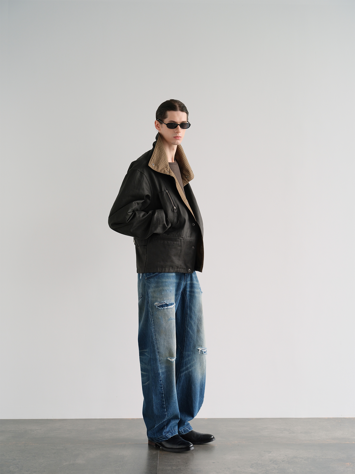 ORGANIC EMOTION Washed Retro Plaid Spliced Lapel Jacket