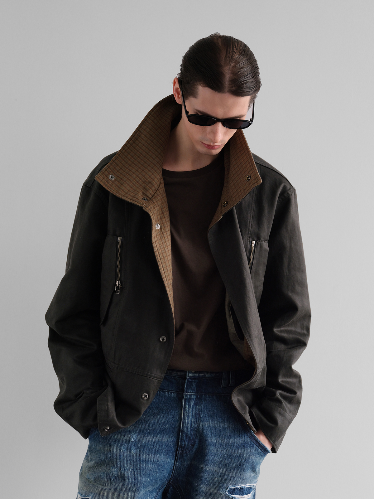ORGANIC EMOTION Washed Retro Plaid Spliced Lapel Jacket