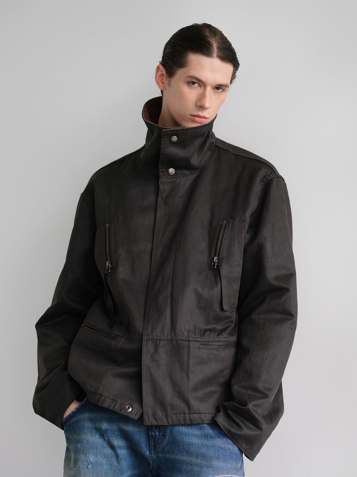 ORGANIC EMOTION Washed Retro Plaid Spliced Lapel Jacket