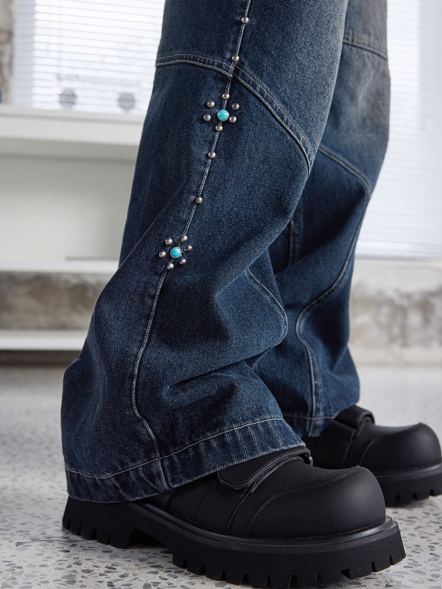 ERROR CODE ROBOT Turquoise Studded Paneled Jeans, premium urban and streetwear designers apparel on PROJECTISR.com, ERROR CODE ROBOT