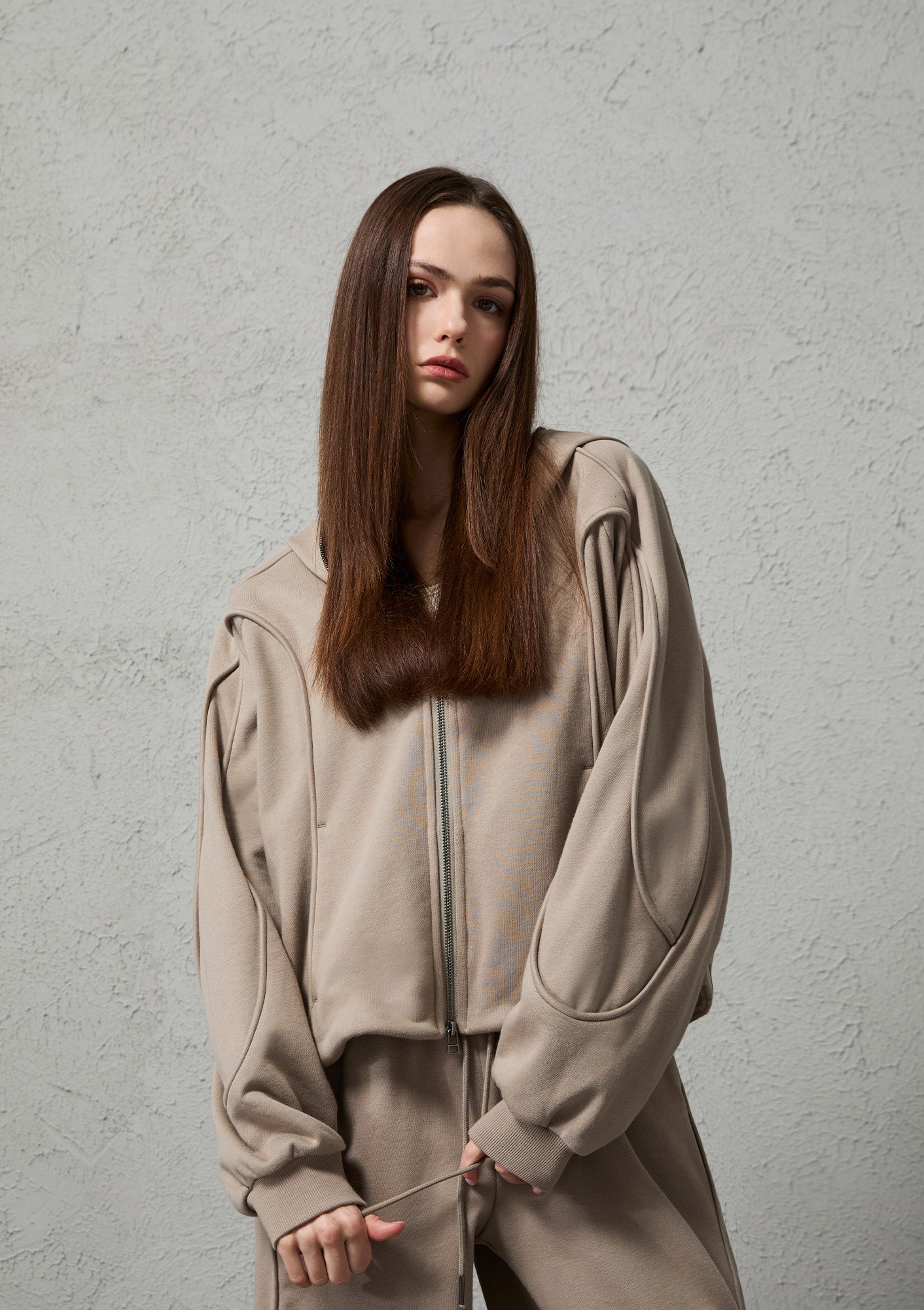 ORGANIC EMOTION Curved Panel Drawstring-Hem Zip-Up Hoodie, premium urban and streetwear designers apparel on PROJECTISR.com, ORGANIC EMOTION