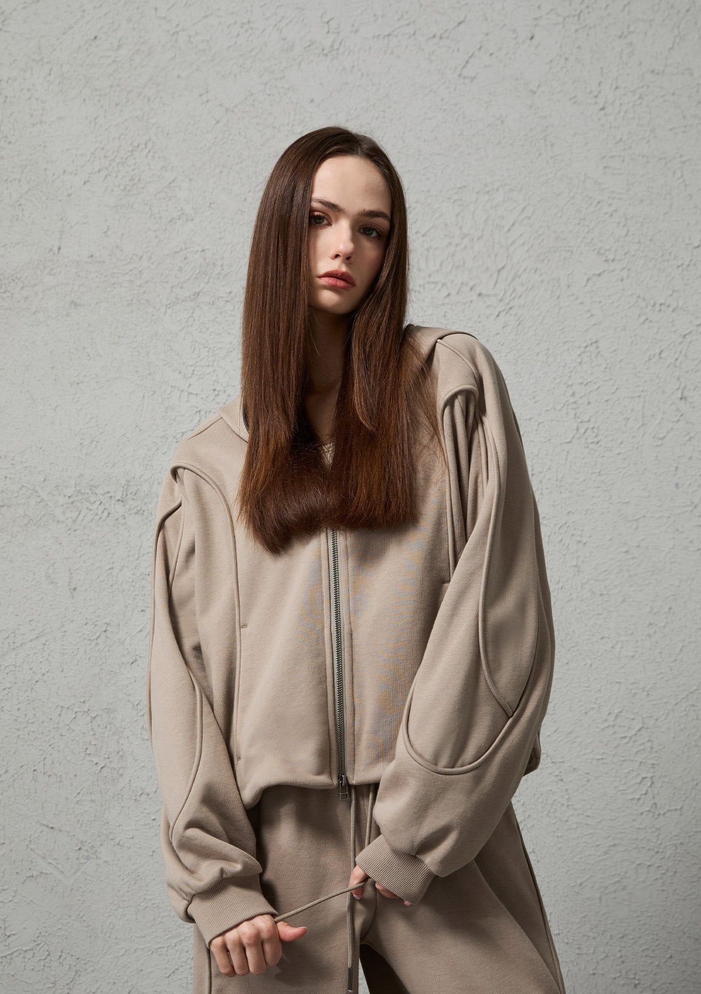 ORGANIC EMOTION Curved Panel Drawstring-Hem Zip-Up Hoodie, premium urban and streetwear designers apparel on PROJECTISR.com, ORGANIC EMOTION