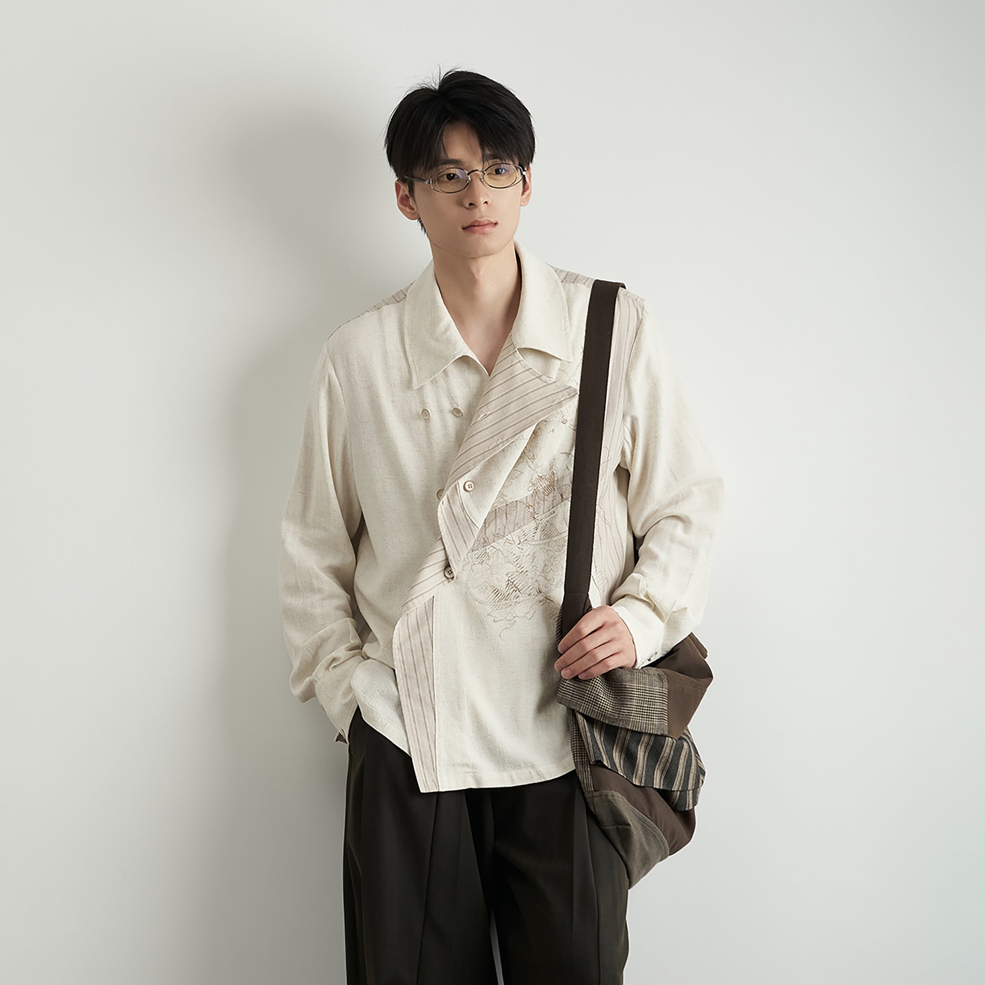 MOITIEDEPETALE Asymmetrical Floral Sketch Linen-Blend Shirt