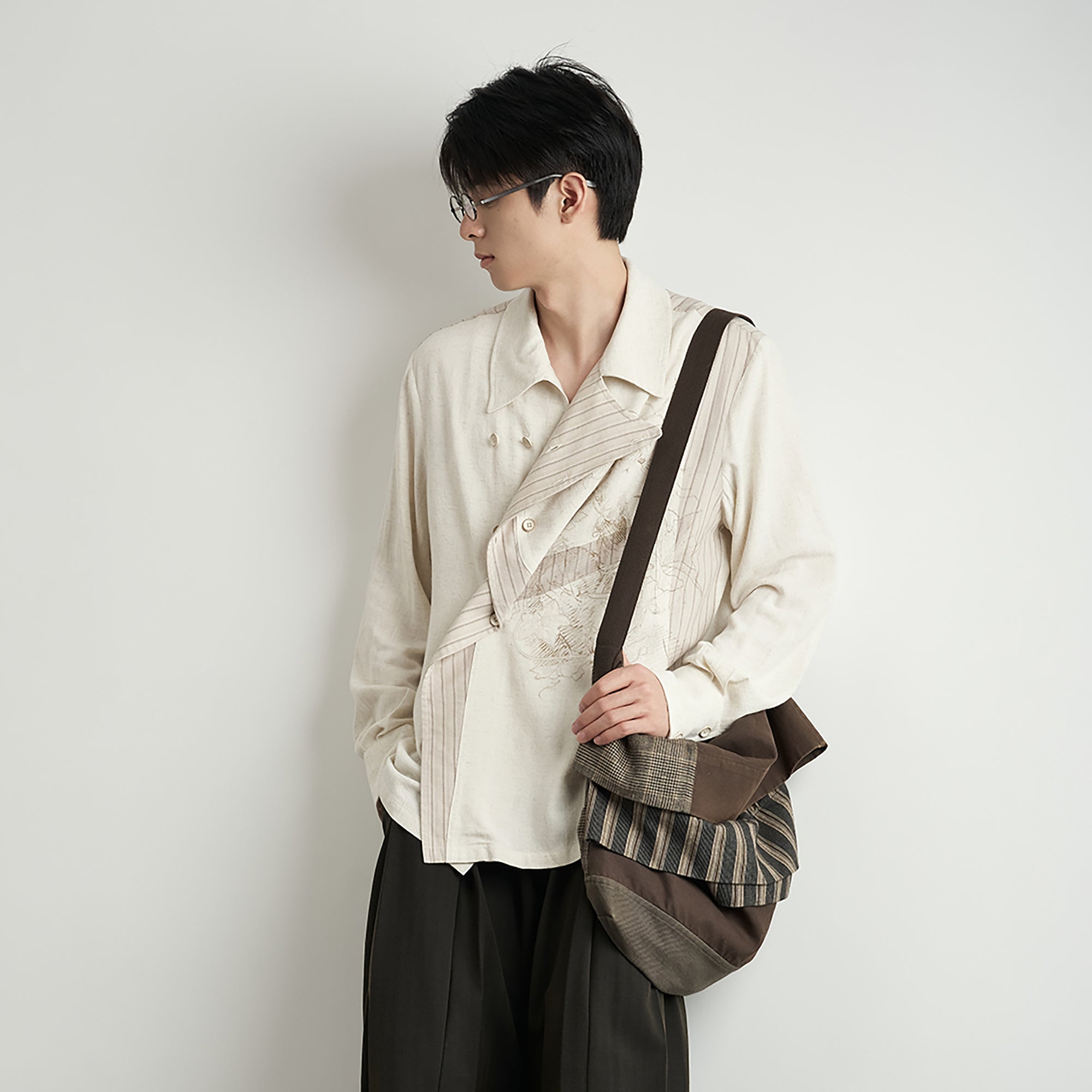 MOITIEDEPETALE Asymmetrical Floral Sketch Linen-Blend Shirt