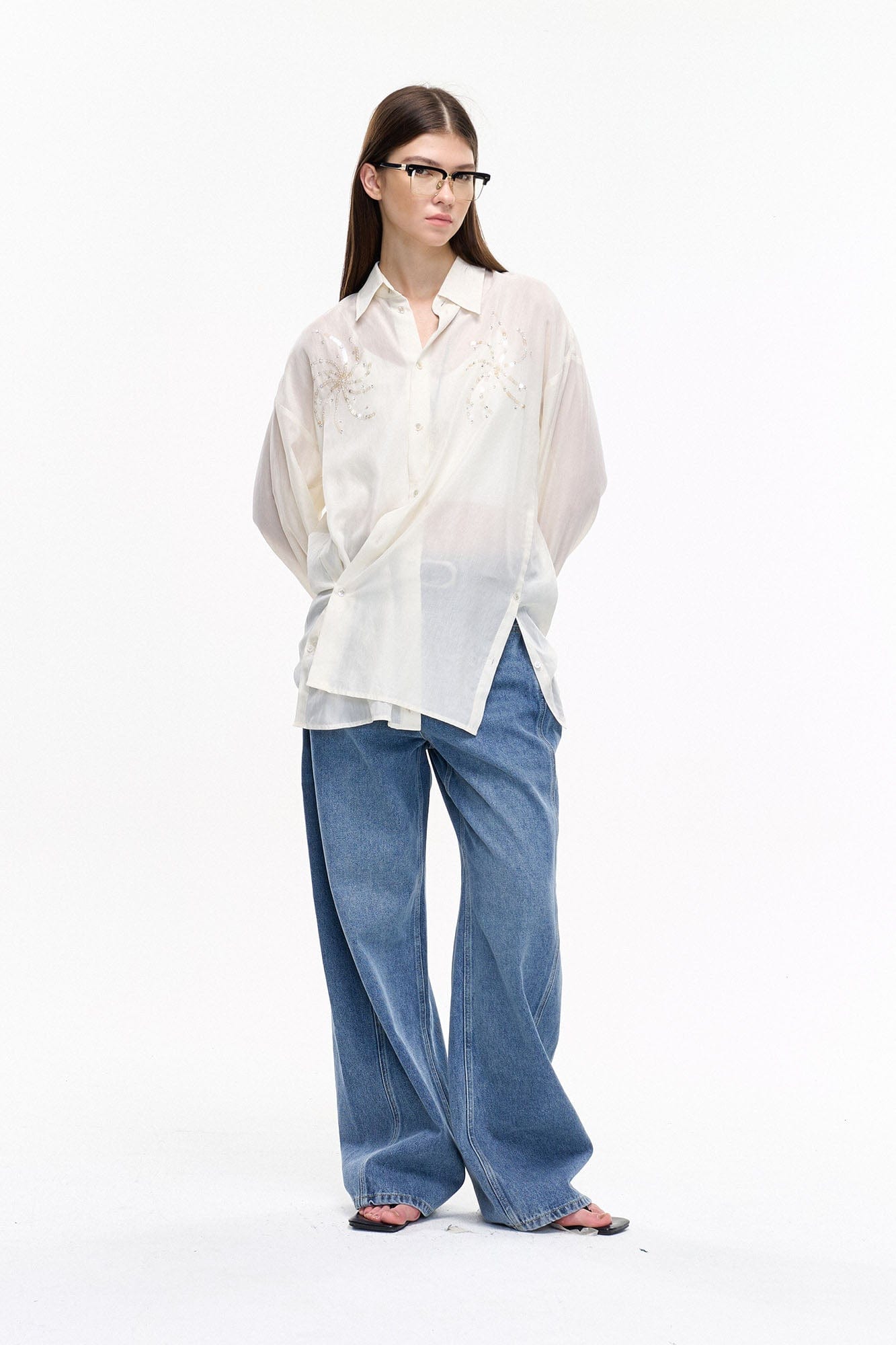 LEONSENSE Firework Embroidered Sequin Sheer Tencel Shirt, premium urban and streetwear designers apparel on PROJECTISR.com, LEONSENSE