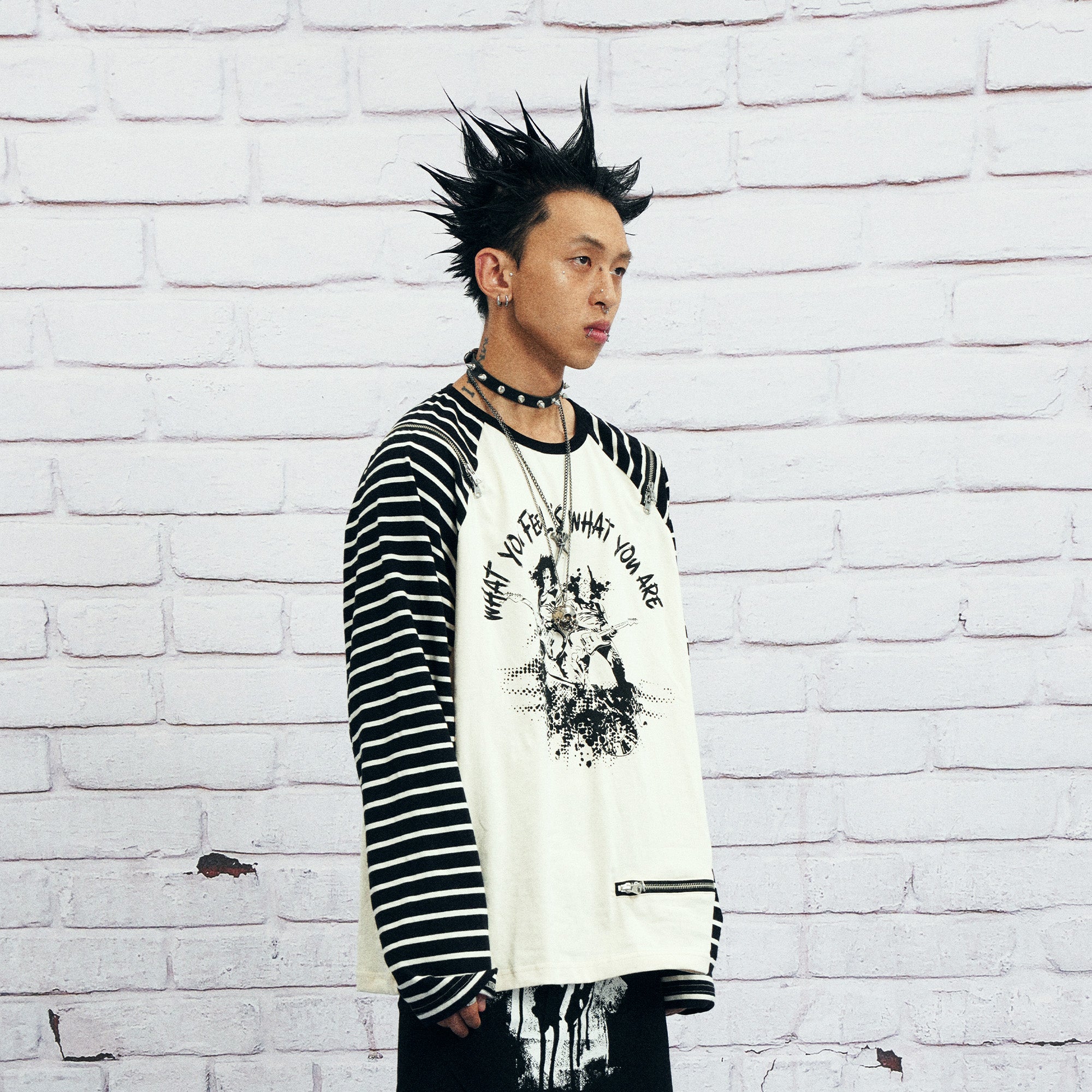 VENTUREK Punk Graphic Multi-Zip Striped Raglan Long-Sleeve Tee, premium urban and streetwear designers apparel on PROJECTISR.com, VENTUREK