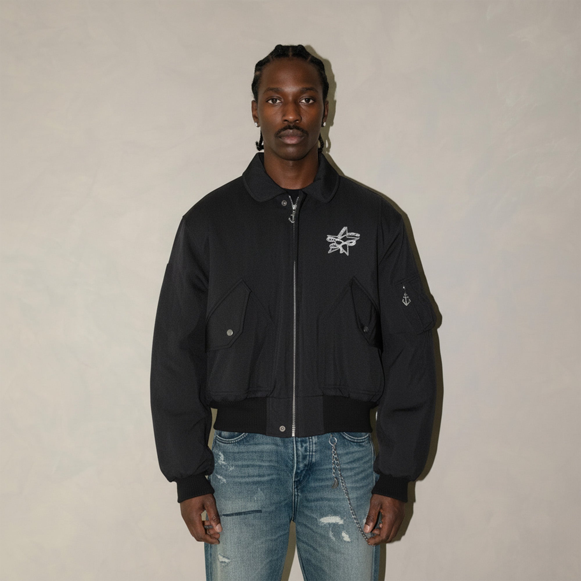IN EXISTENCE Anchor Zip Embroidered Patch Bomber