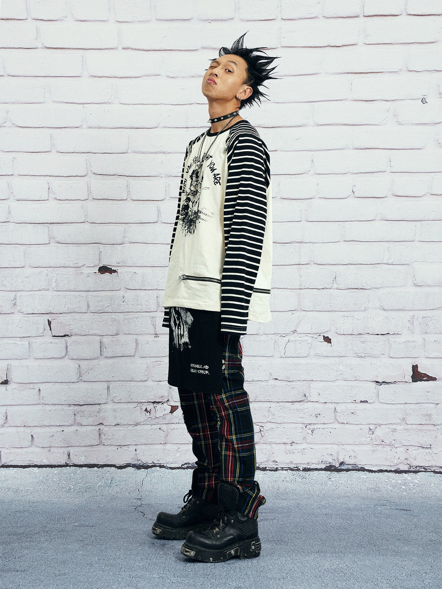 VENTUREK Punk Graphic Multi-Zip Striped Raglan Long-Sleeve Tee, premium urban and streetwear designers apparel on PROJECTISR.com, VENTUREK