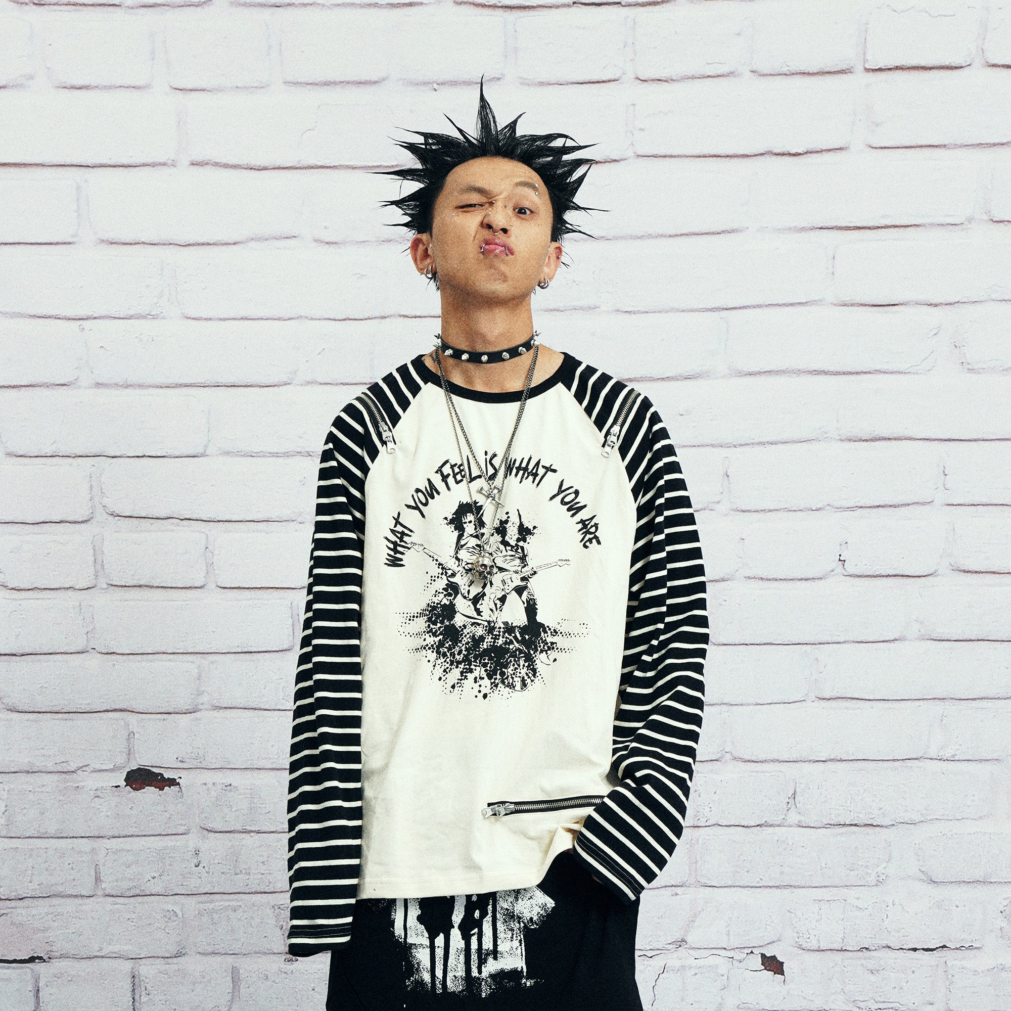 VENTUREK Punk Graphic Multi-Zip Striped Raglan Long-Sleeve Tee, premium urban and streetwear designers apparel on PROJECTISR.com, VENTUREK