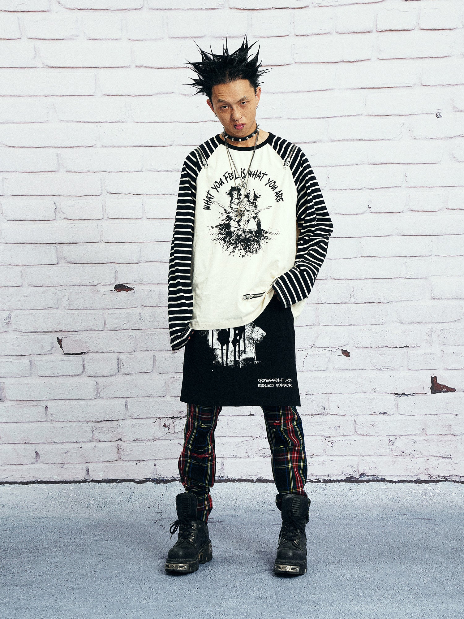 VENTUREK Punk Graphic Multi-Zip Striped Raglan Long-Sleeve Tee, premium urban and streetwear designers apparel on PROJECTISR.com, VENTUREK